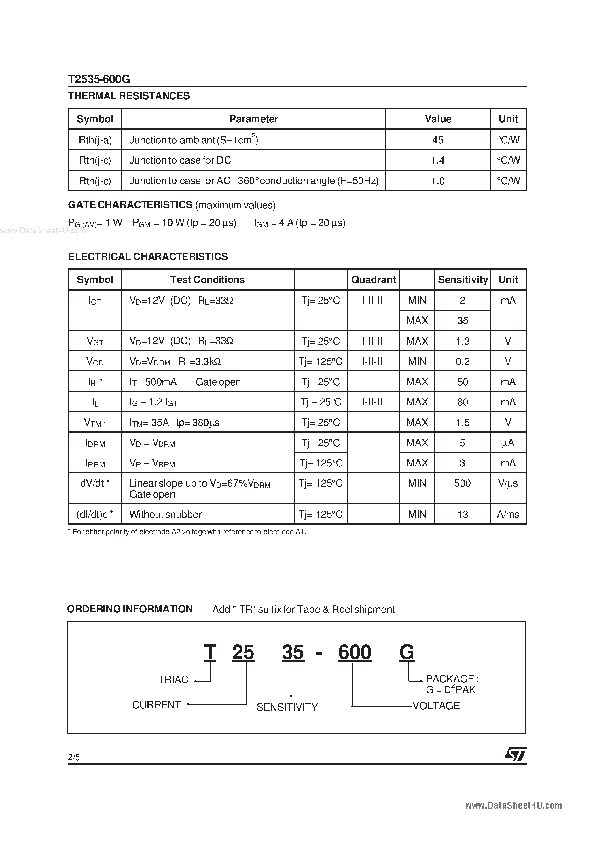 Datasheet T2535-600G - HIGH PERFORMANCE TRIAC page 2