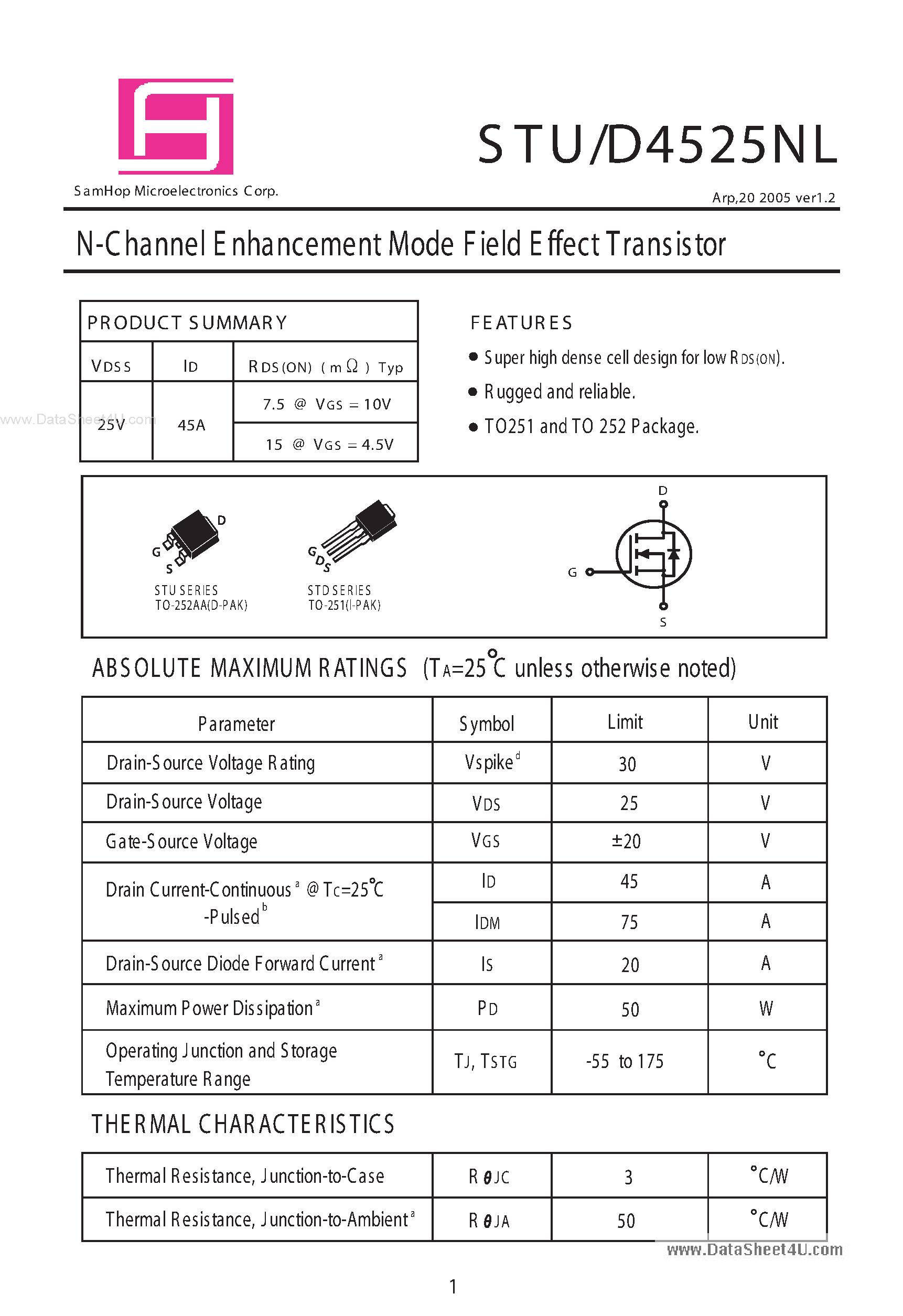 Даташит STD4525NL - N-Channel Enhancement Mode Field Effect Transistor страница 1