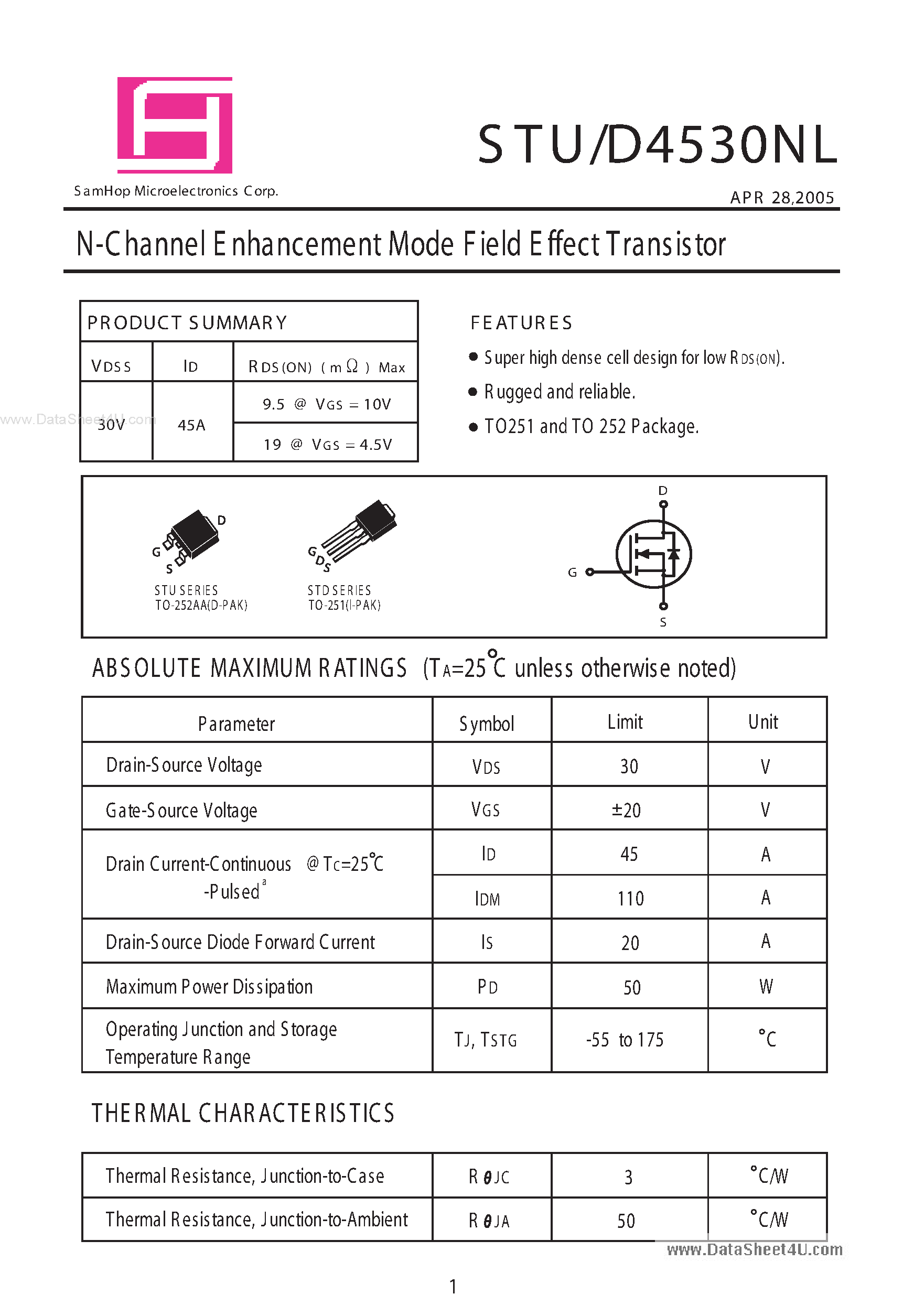 Даташит STD4530NL - N-Channel E nhancement Mode Field Effect Transistor страница 1