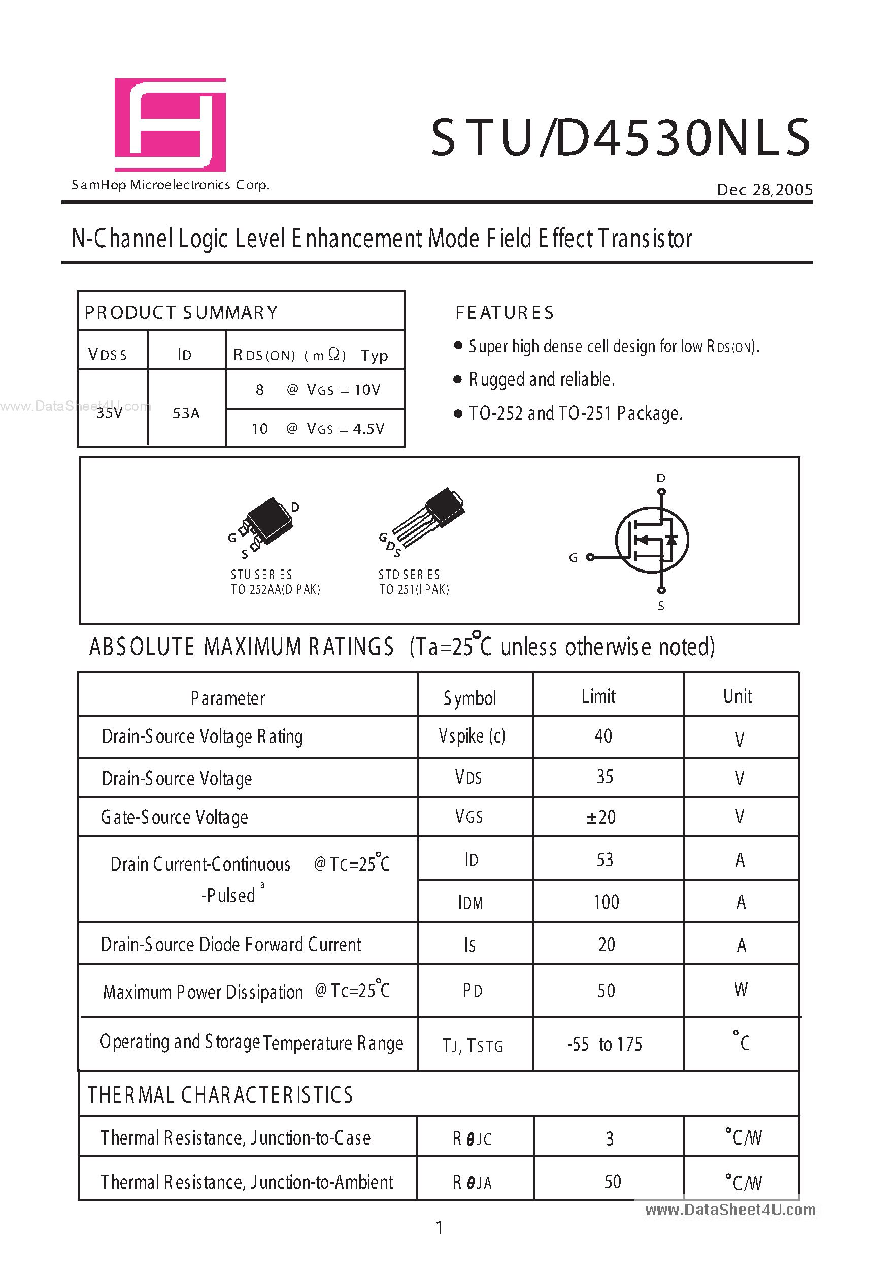 Даташит STU4530NLS - N-Channel Logic Level Enhancement Mode Field Effect Transistor страница 1