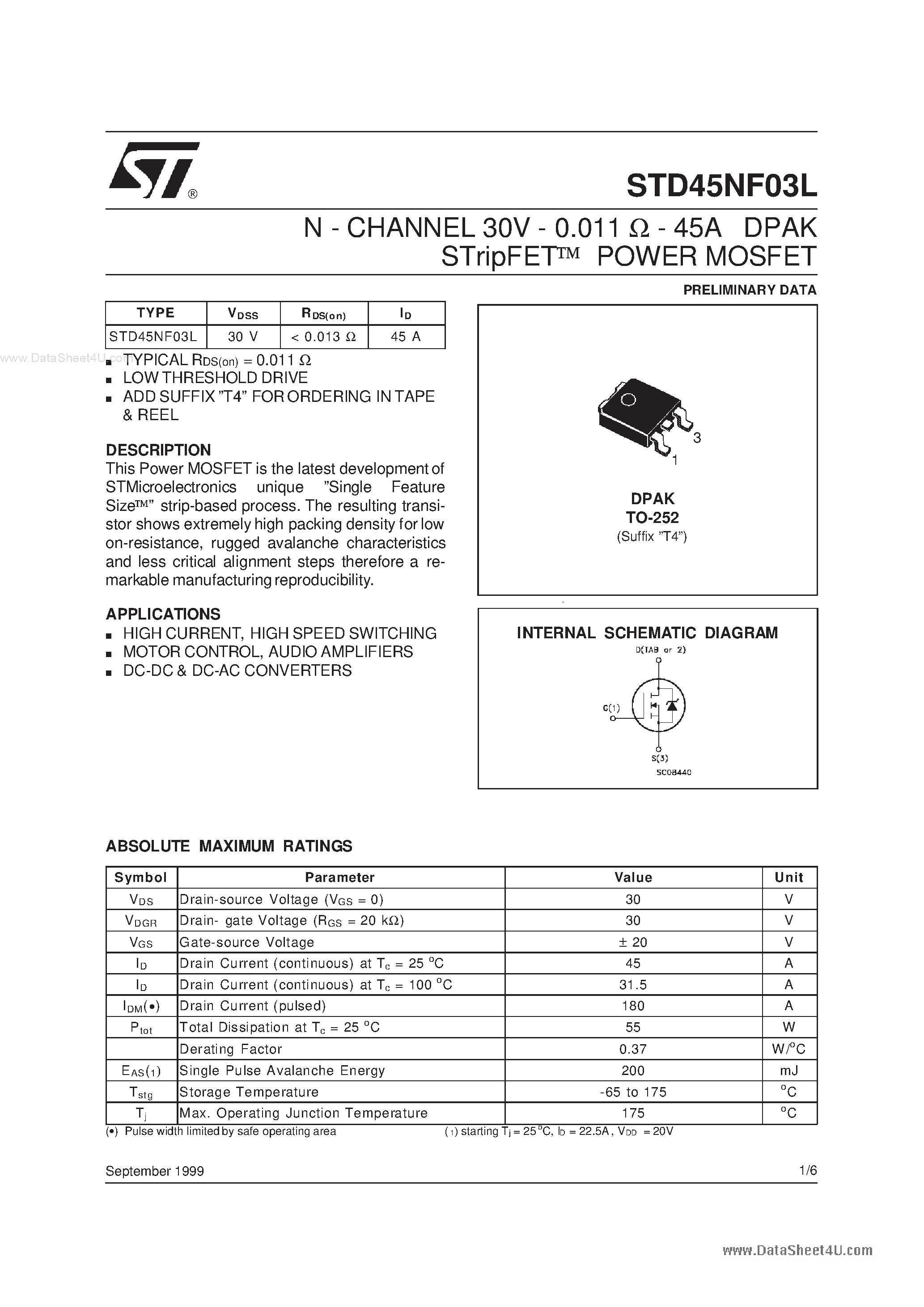 Datasheet STD45NF03L - N-CHANNEL POWER MOSFET page 1