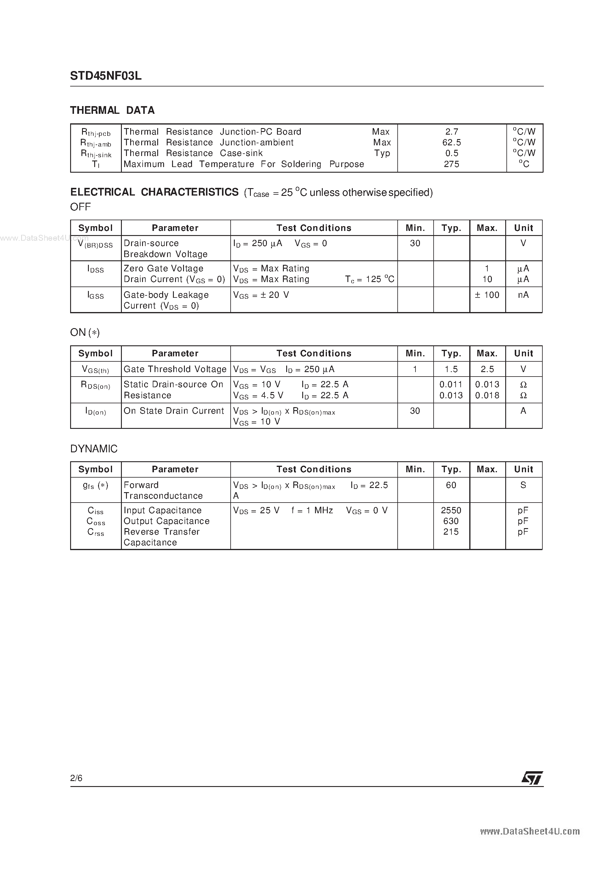 Datasheet STD45NF03L - N-CHANNEL POWER MOSFET page 2