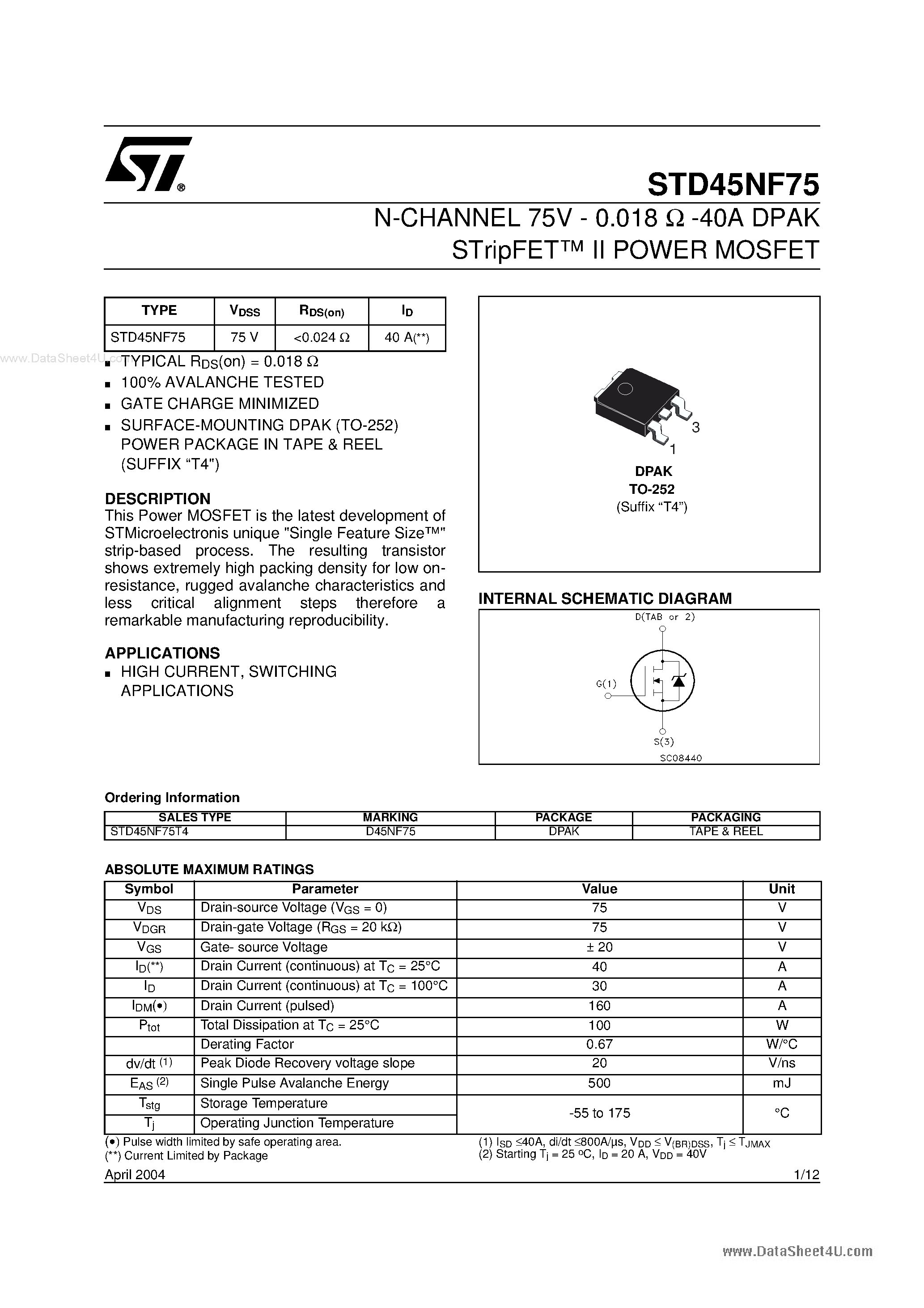 Datasheet STD45NF75 - N-CHANNEL POWER MOSFET page 1