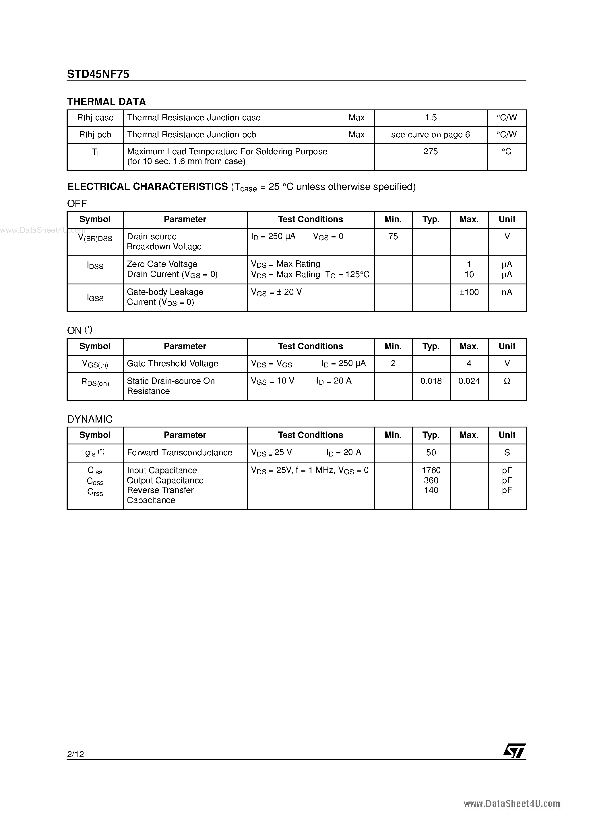 Datasheet STD45NF75 - N-CHANNEL POWER MOSFET page 2