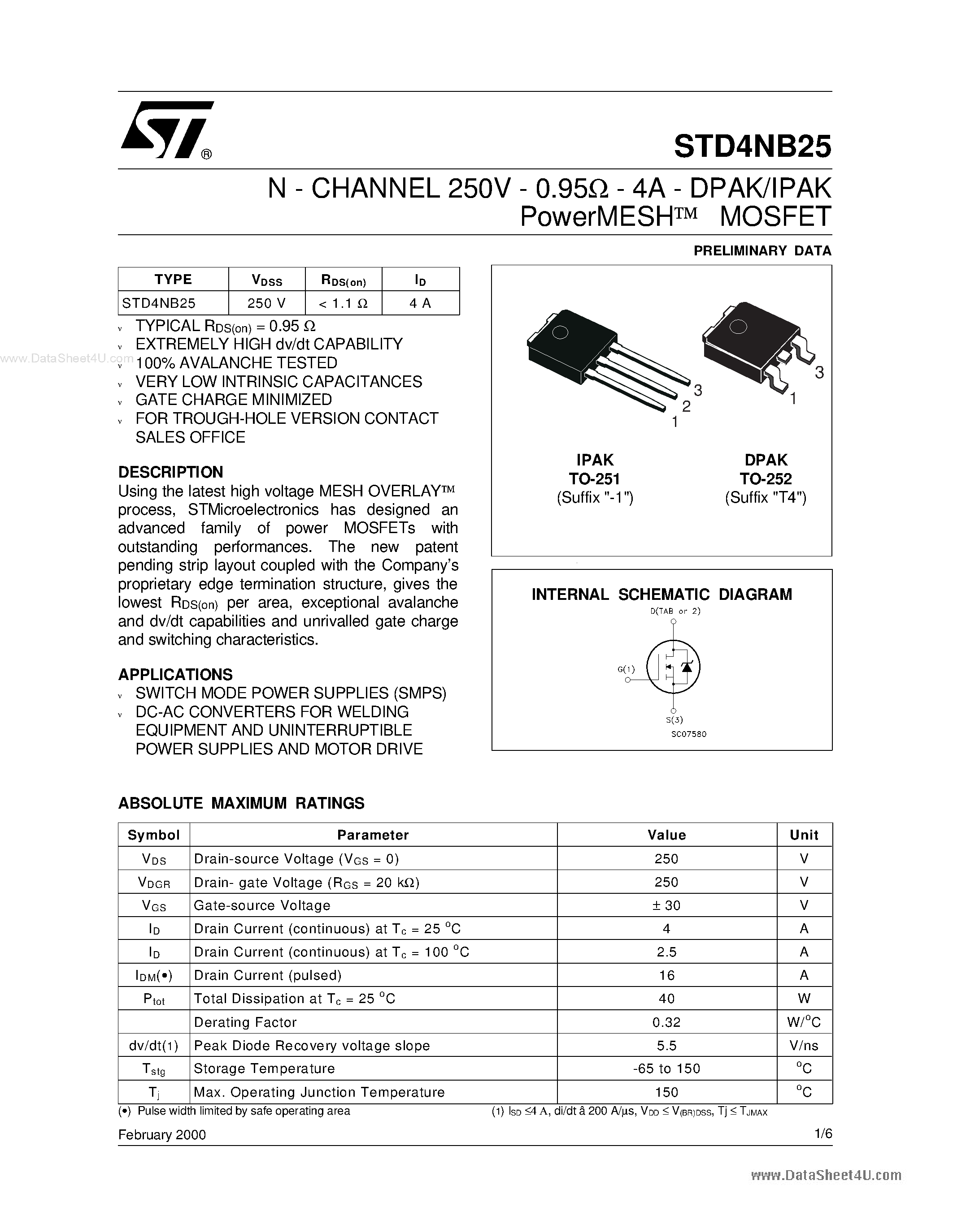 Datasheet STD4NB25 - N-CHANNEL MOSFET page 1