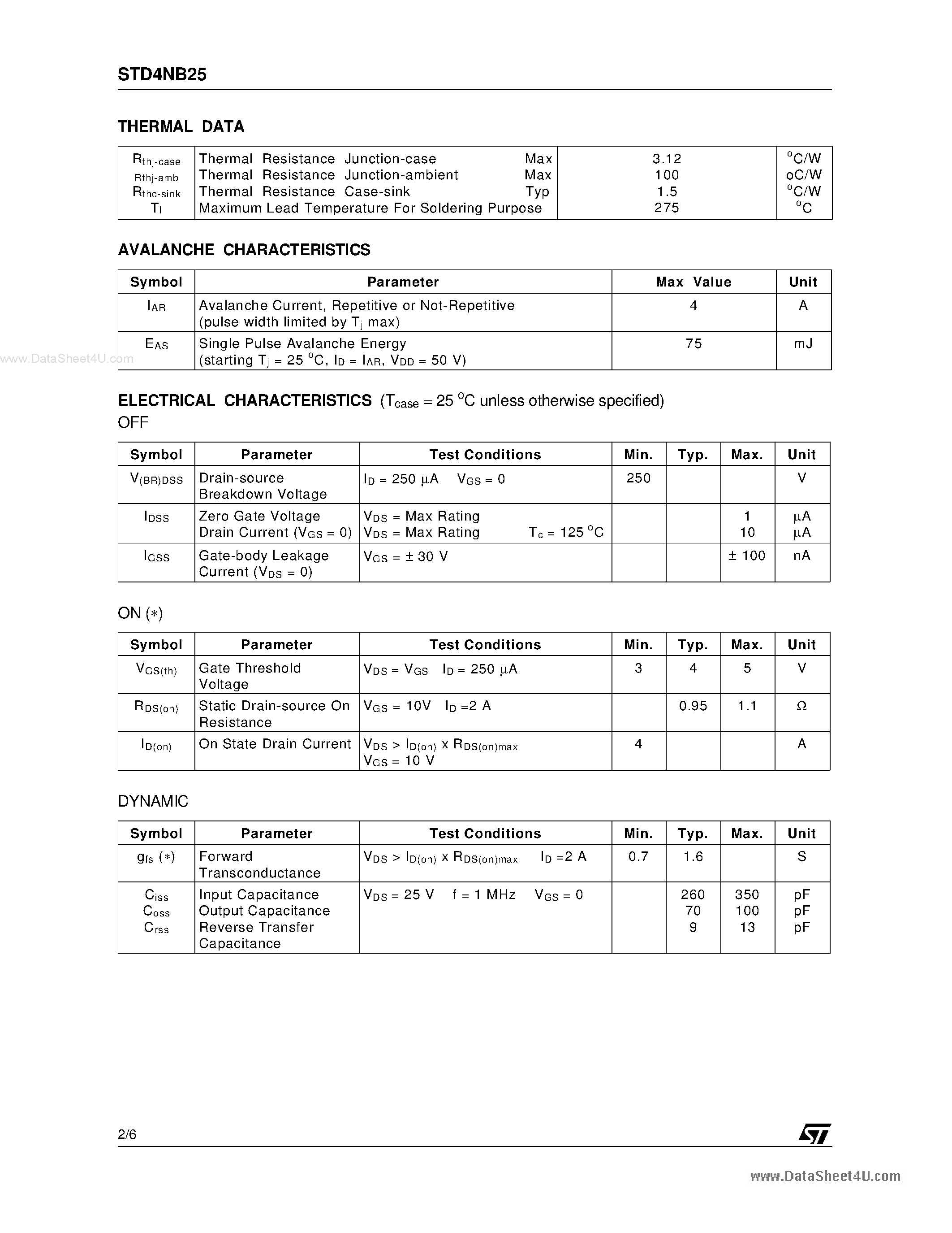 Datasheet STD4NB25 - N-CHANNEL MOSFET page 2