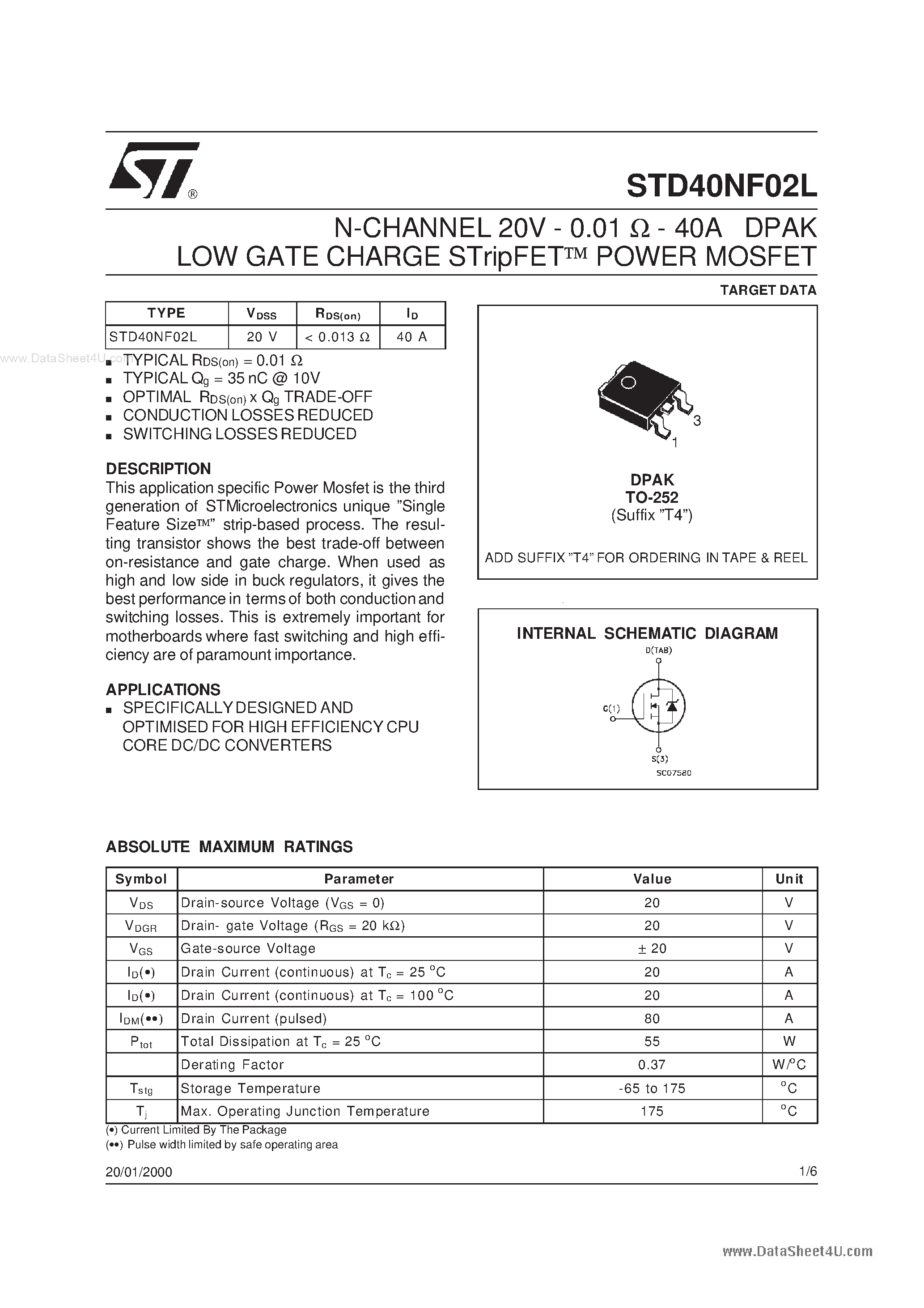 Даташит STD40NF02L - N-CHANNEL POWER MOSFET страница 1