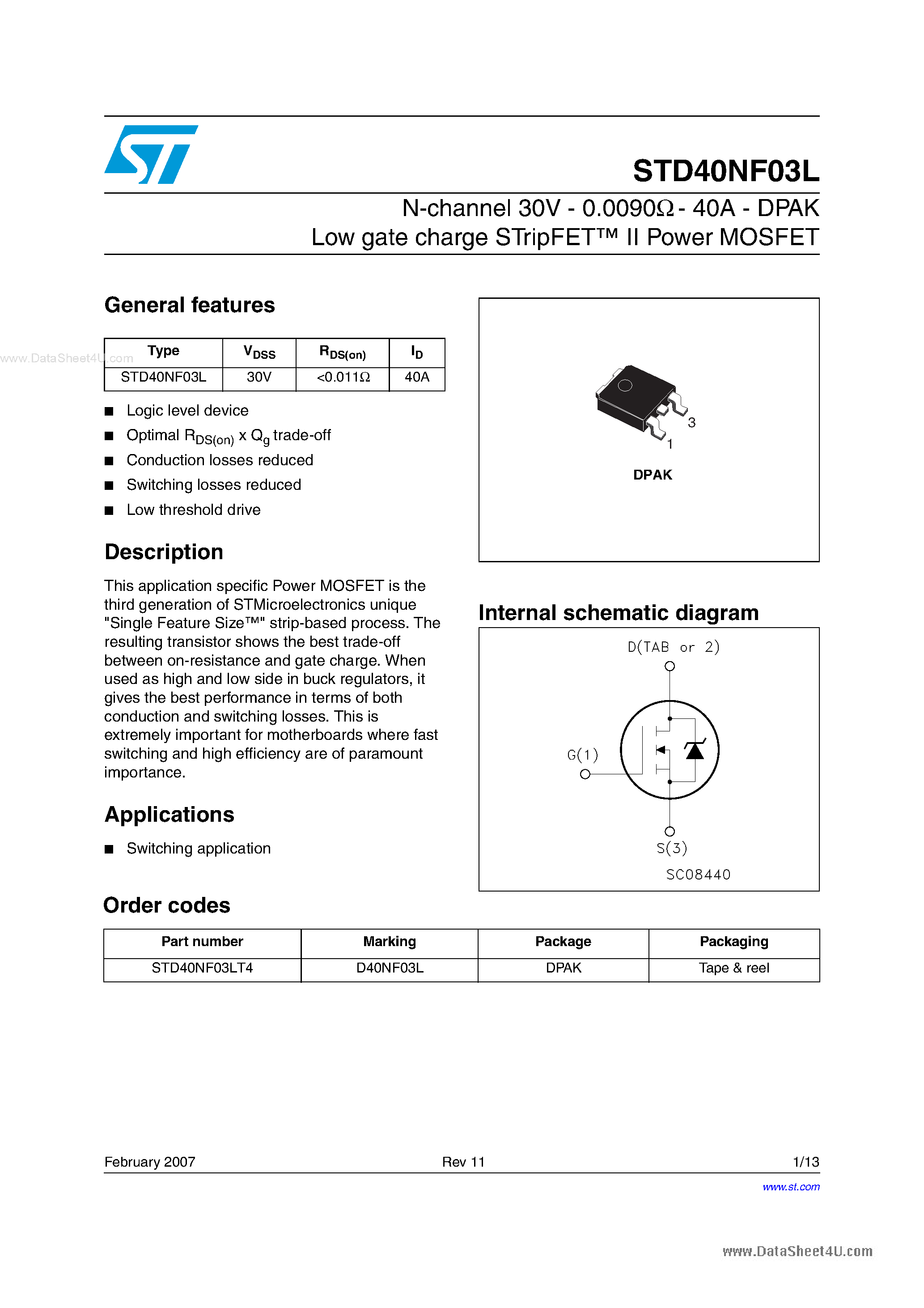 Даташит STD40NF03L - N-CHANNEL POWER MOSFET страница 1