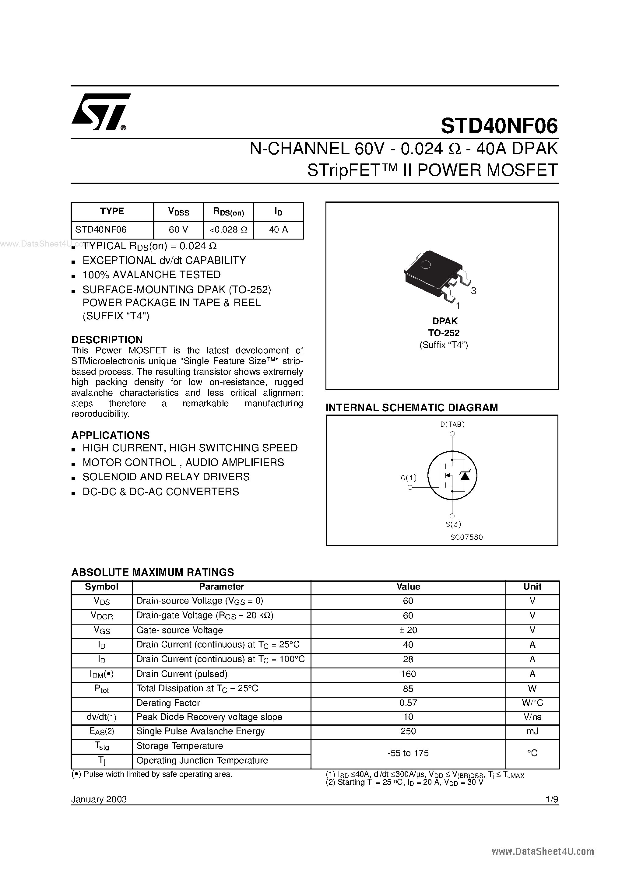Даташит STD40NF06 - N-CHANNEL POWER MOSFET страница 1
