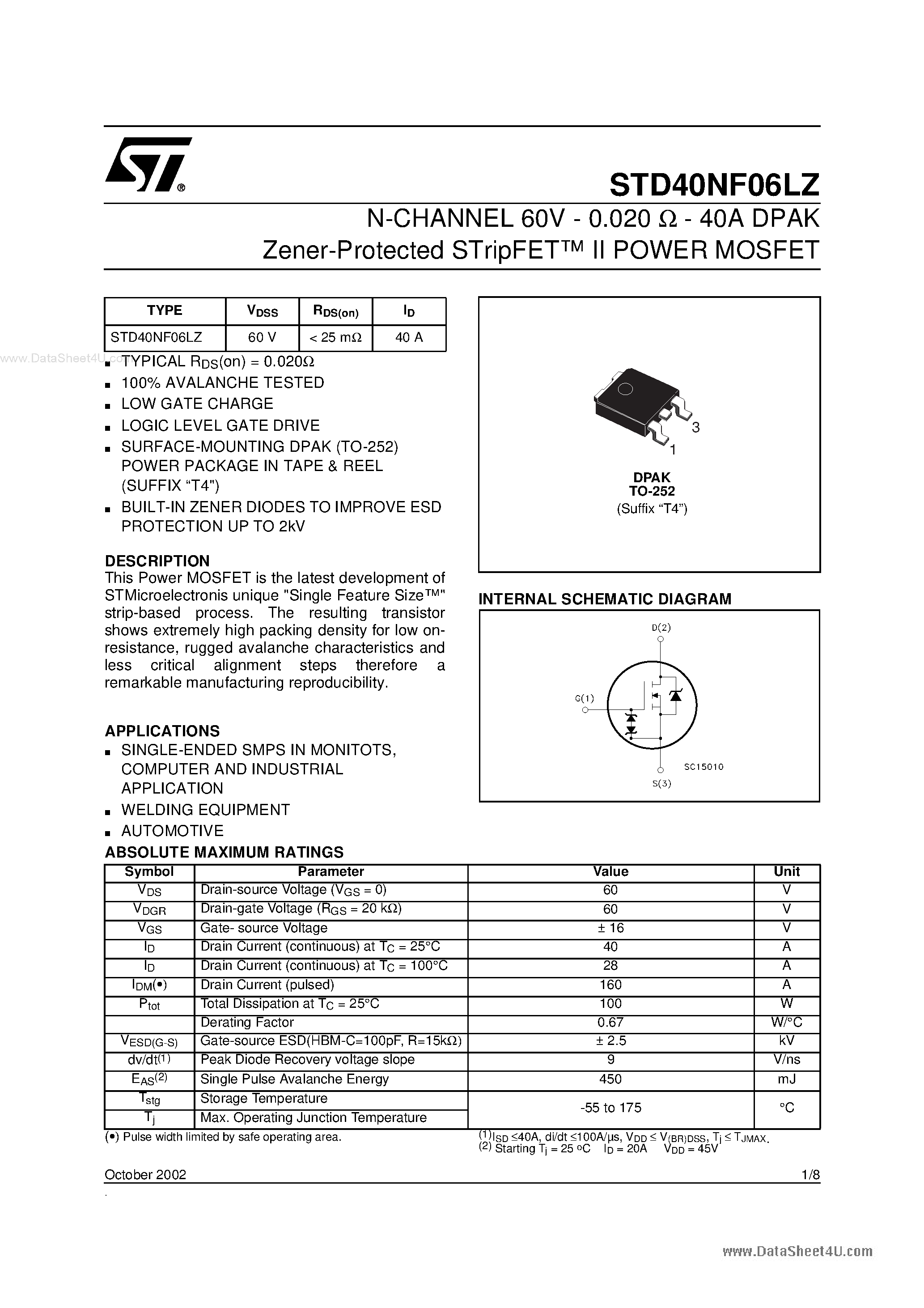 Datasheet STD40NF06LZ - N-CHANNEL POWER MOSFET page 1