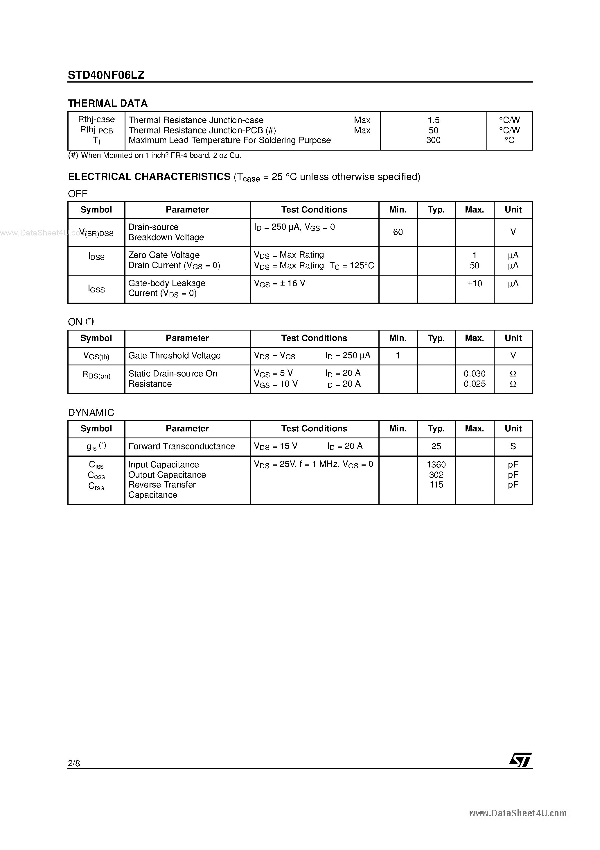 Datasheet STD40NF06LZ - N-CHANNEL POWER MOSFET page 2