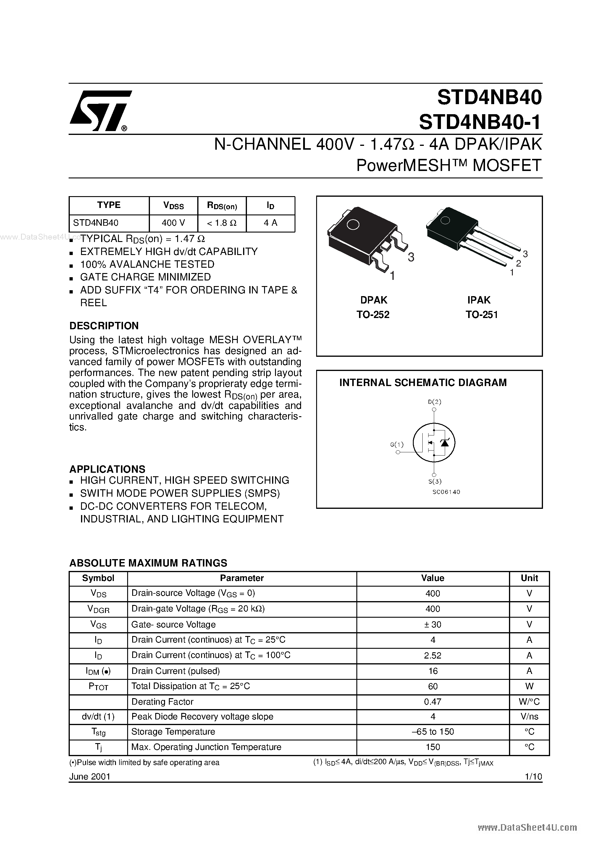 Datasheet STD4NB40 page 1 Datasheet STD4NB40 - N-CHANNEL MOSFET page 1