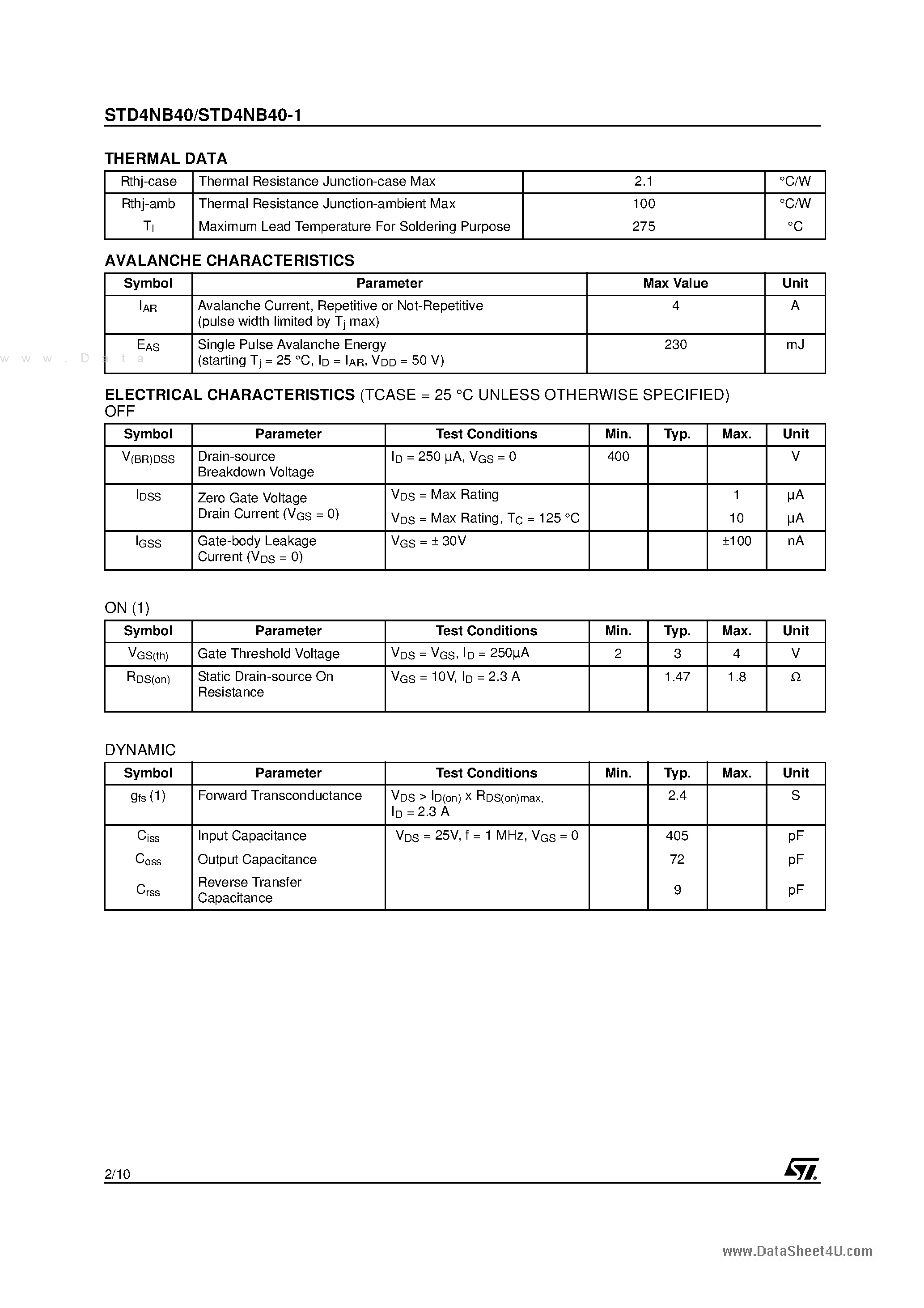 Datasheet STD4NB40 page 2 Datasheet STD4NB40 - N-CHANNEL MOSFET page 2