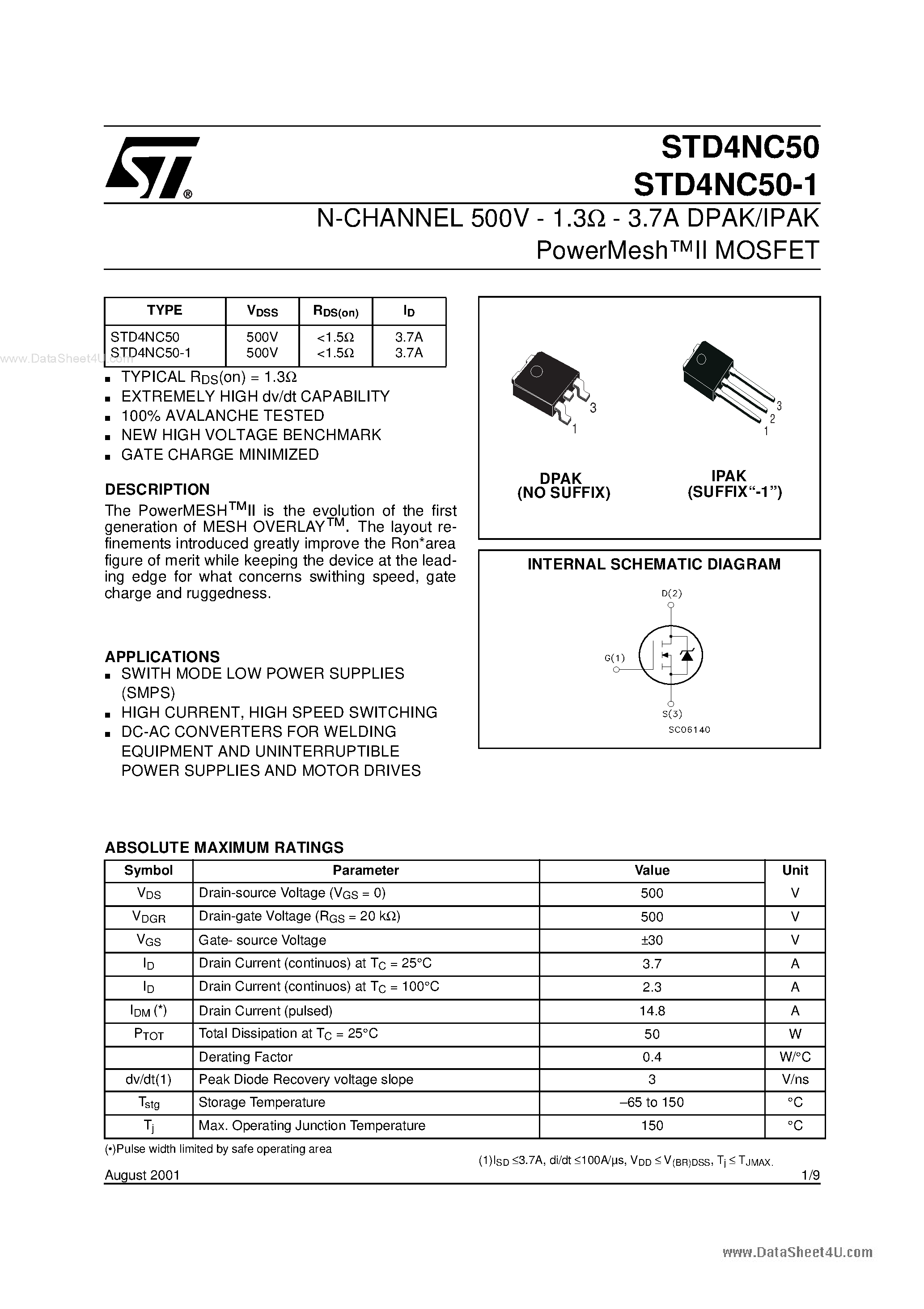 Datasheet STD4NC50 - N-CHANNEL MOSFET page 1