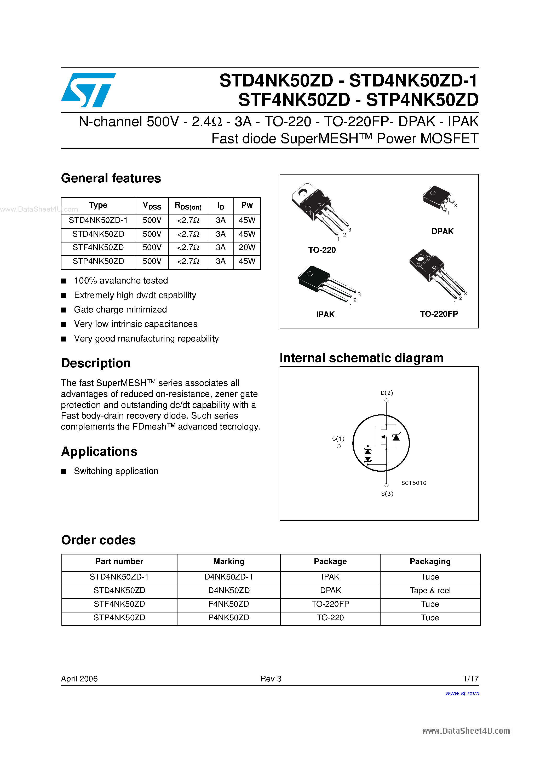 Datasheet STF4NK50ZD - N-channel Power MOSFET page 1