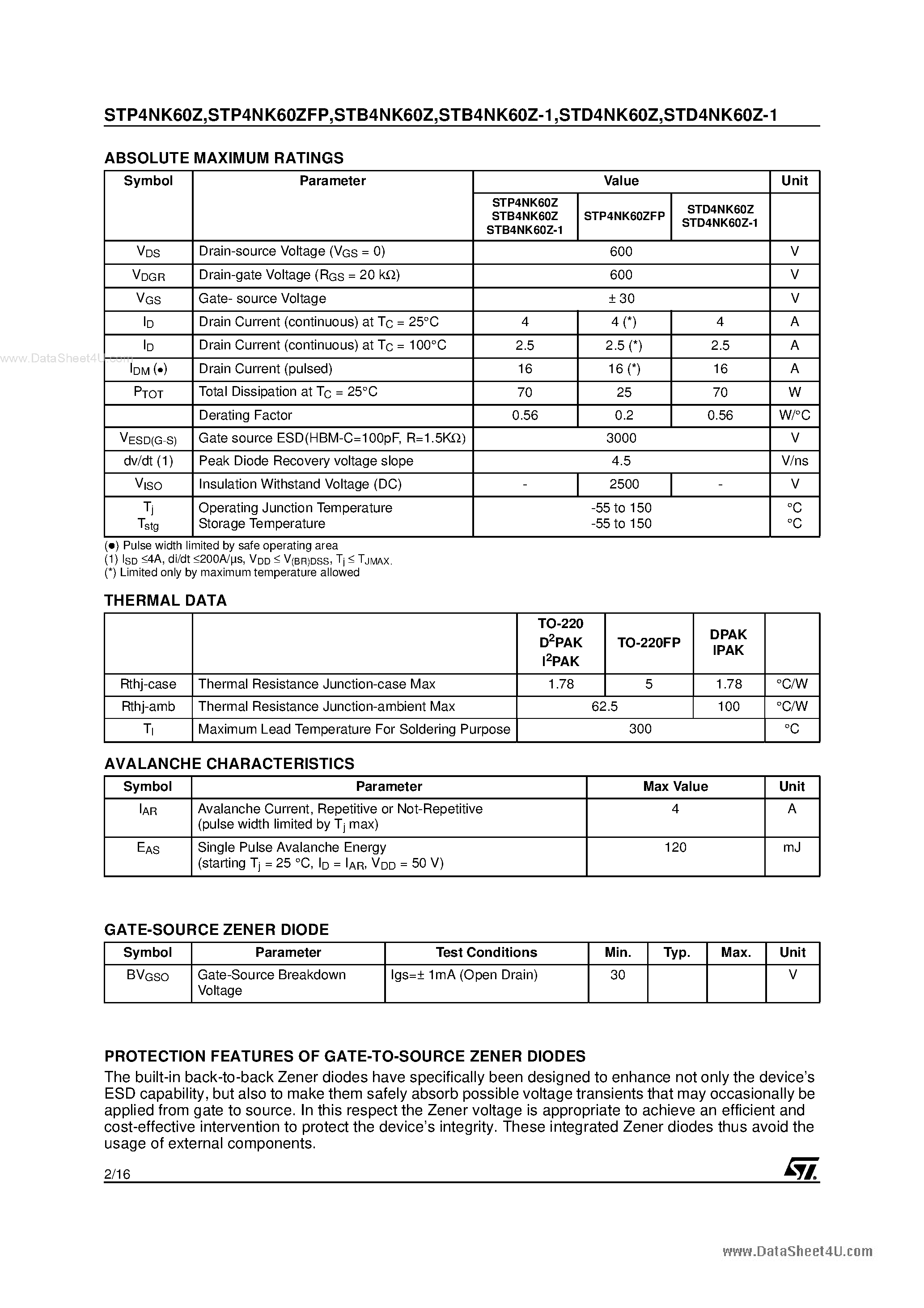 Datasheet STB4NK60Z - N-CHANNEL Power MOSFET page 2