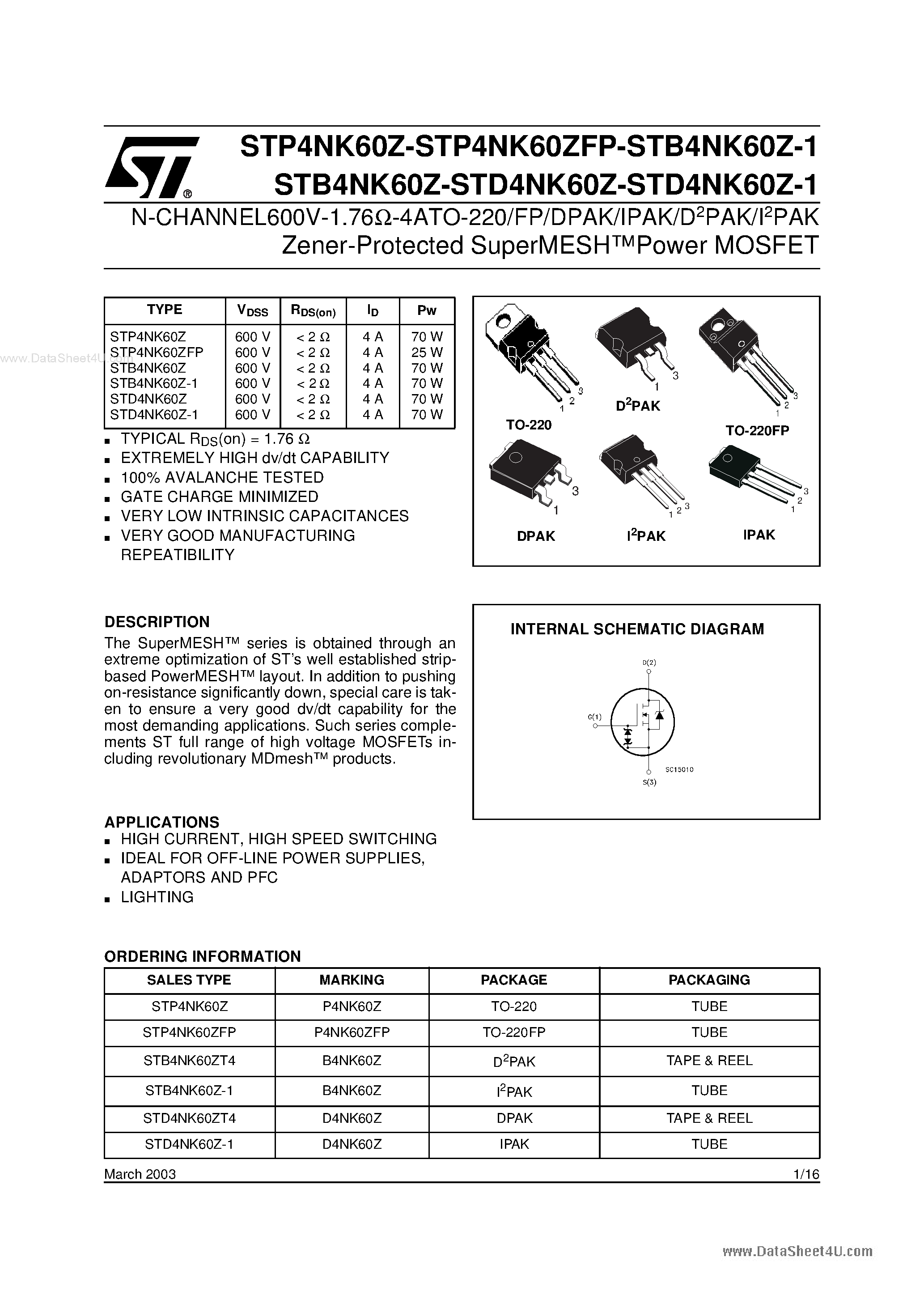 Datasheet STP4NK60Z page 1 Datasheet STP4NK60Z - N-CHANNEL Power MOSFET page 1