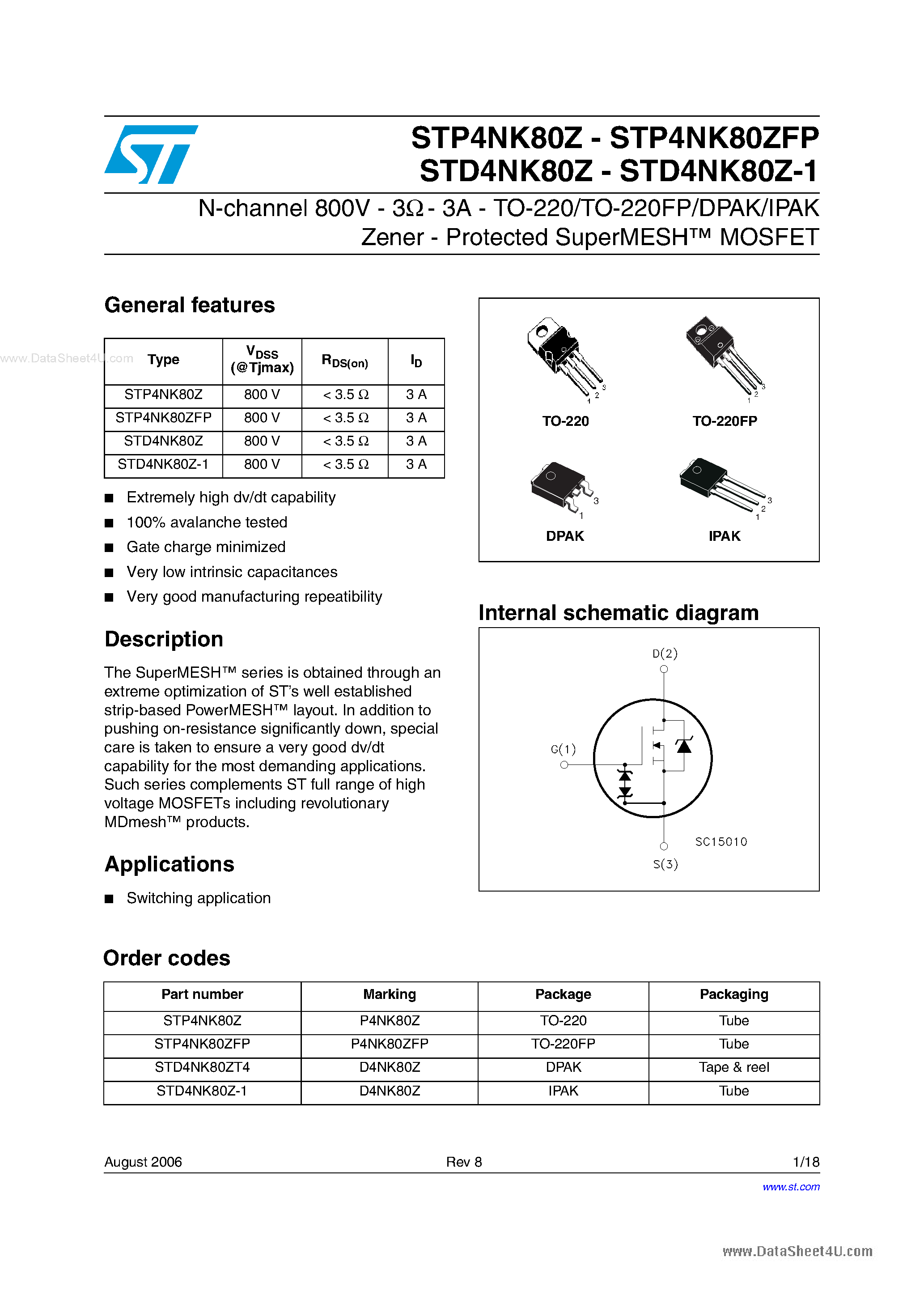 Datasheet STP4NK80Z page 1 Datasheet STP4NK80Z - N-channel MOSFET page 1
