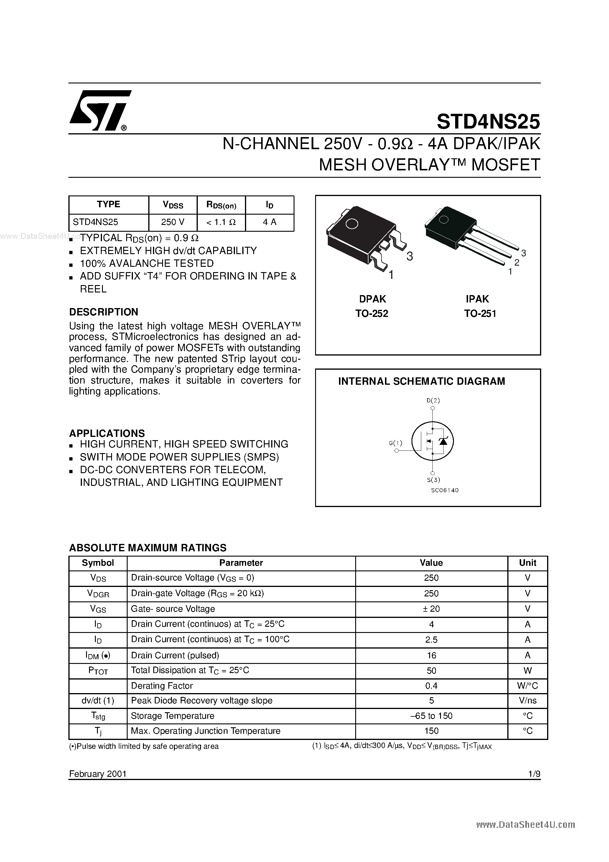 Datasheet STD4NS25 - N-CHANNEL MOSFET page 1