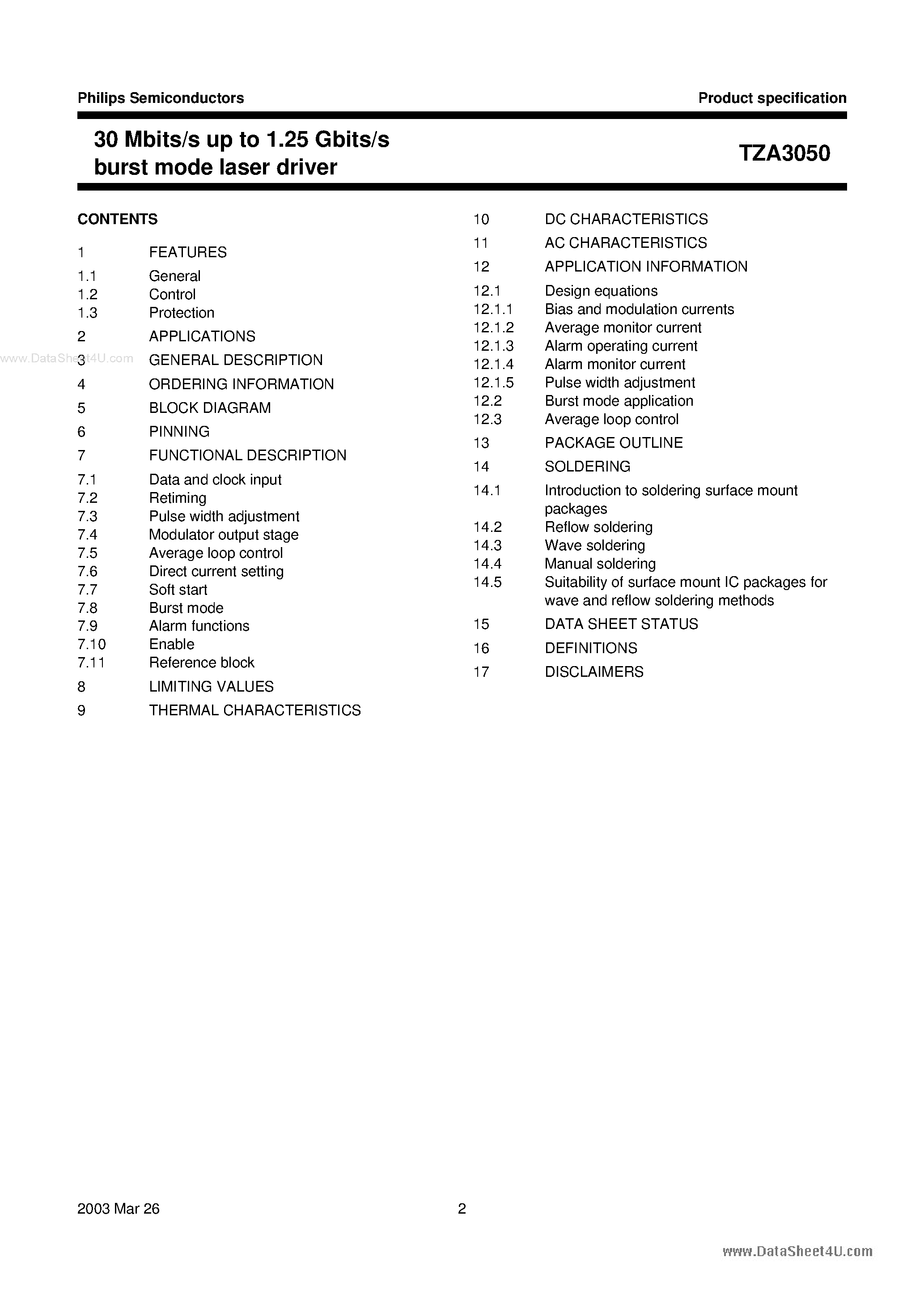 Datasheet TZA3050 page 2 Datasheet TZA3050 - 30 Mbits/s up to 1.25 Gbits/s Burst Mode Laser Driver page 2