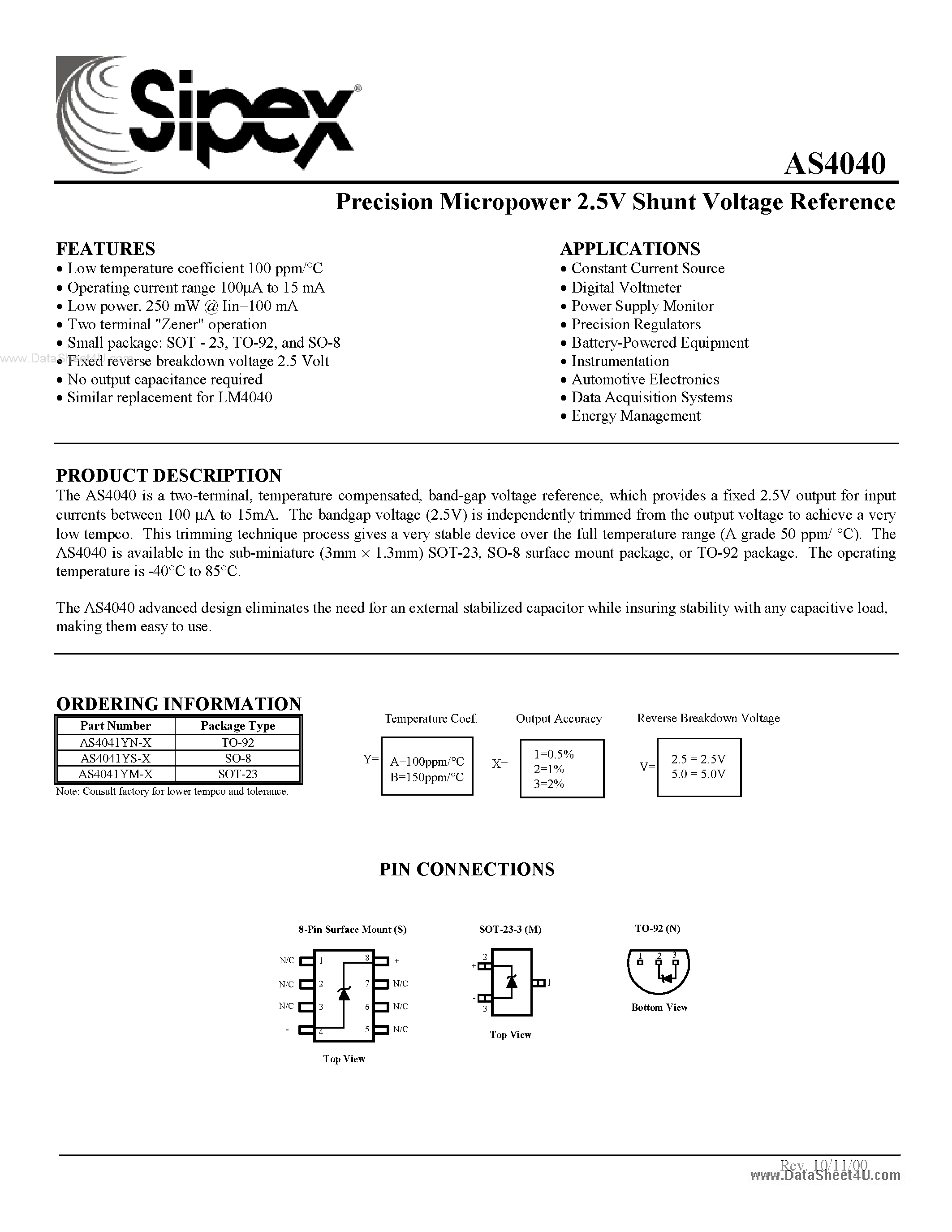 Даташит на микросхему AS4040 страница 1 Даташит AS4040 - Precision Micropower 2.5V Shunt Voltage Reference страница 1