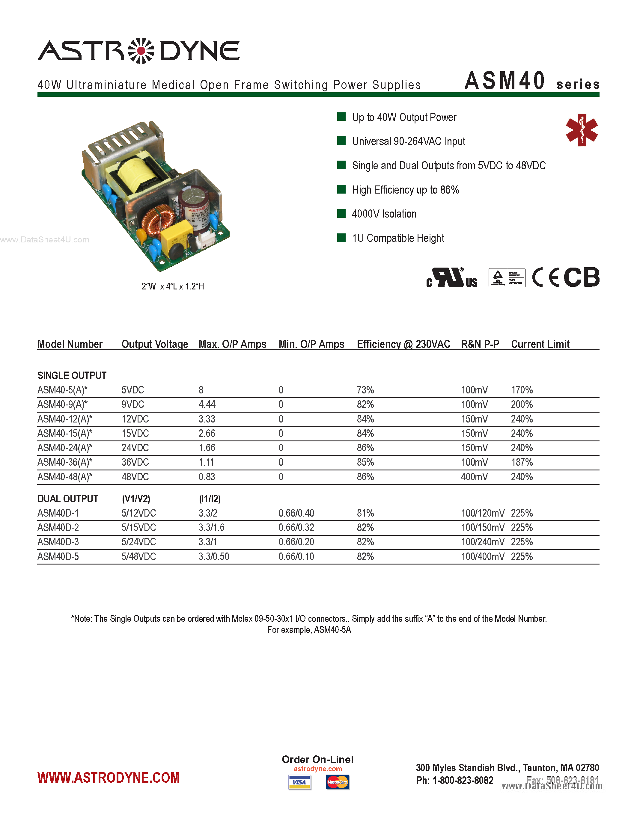 Даташит ASM40 - 40W Ultraminiature Medical Open Frame Switching Power Supplies страница 1