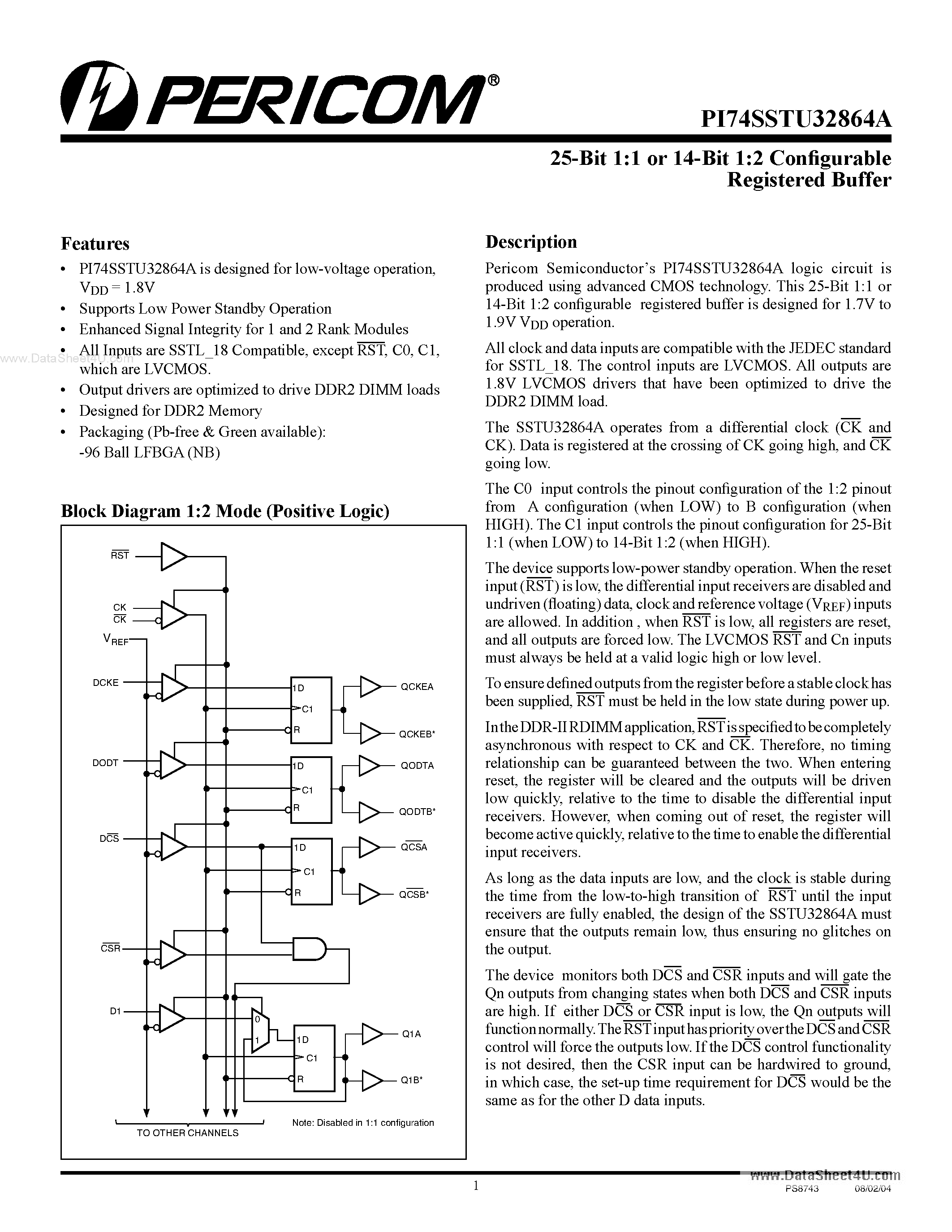 Datasheet PI74SSTU32864A - 25-Bit 1:1 or 14-Bit 1:2 Configurable Registered page 1