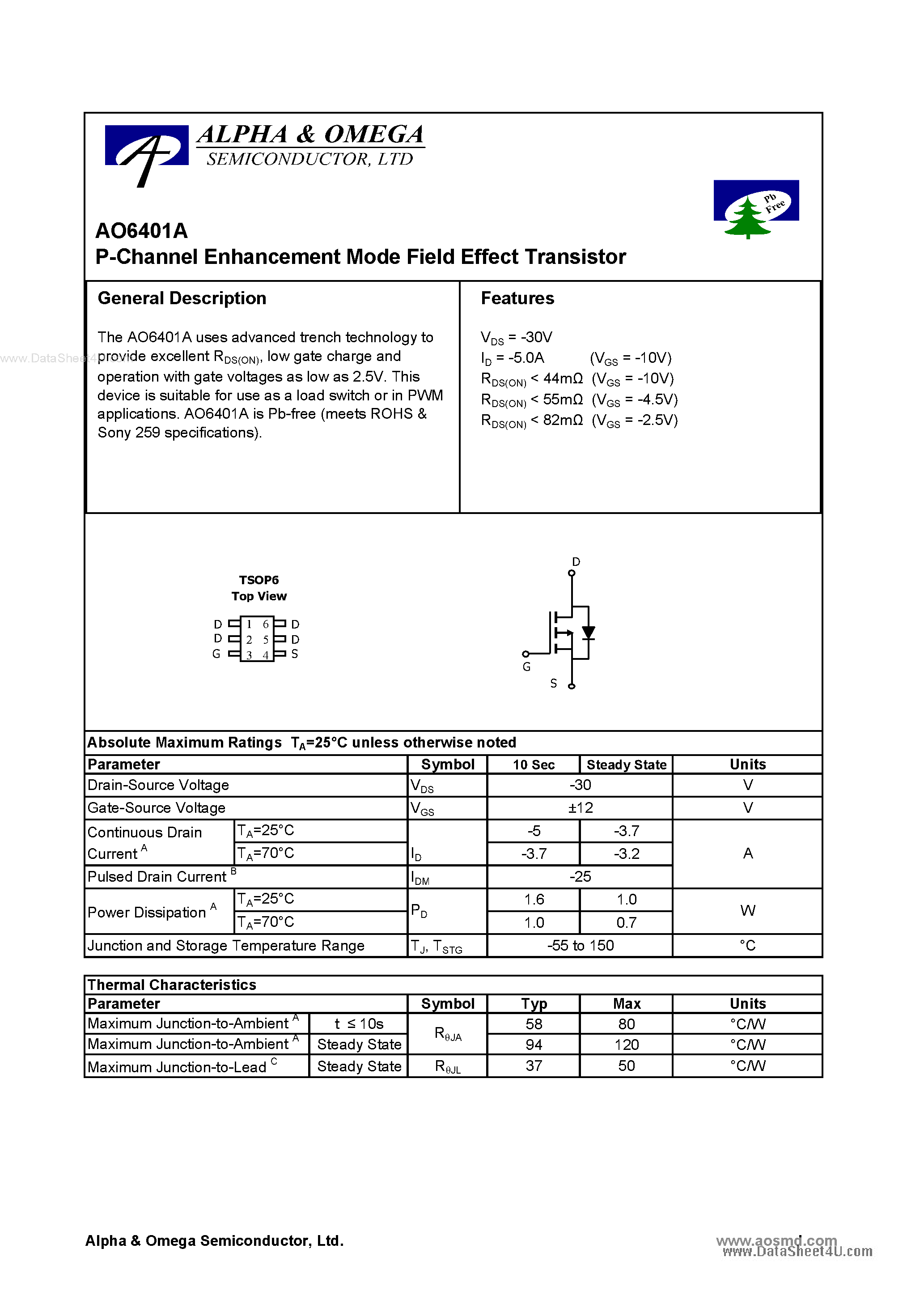 Datasheet AO6401A - P-Channel Enhancement Mode Field Effect Transistor page 1
