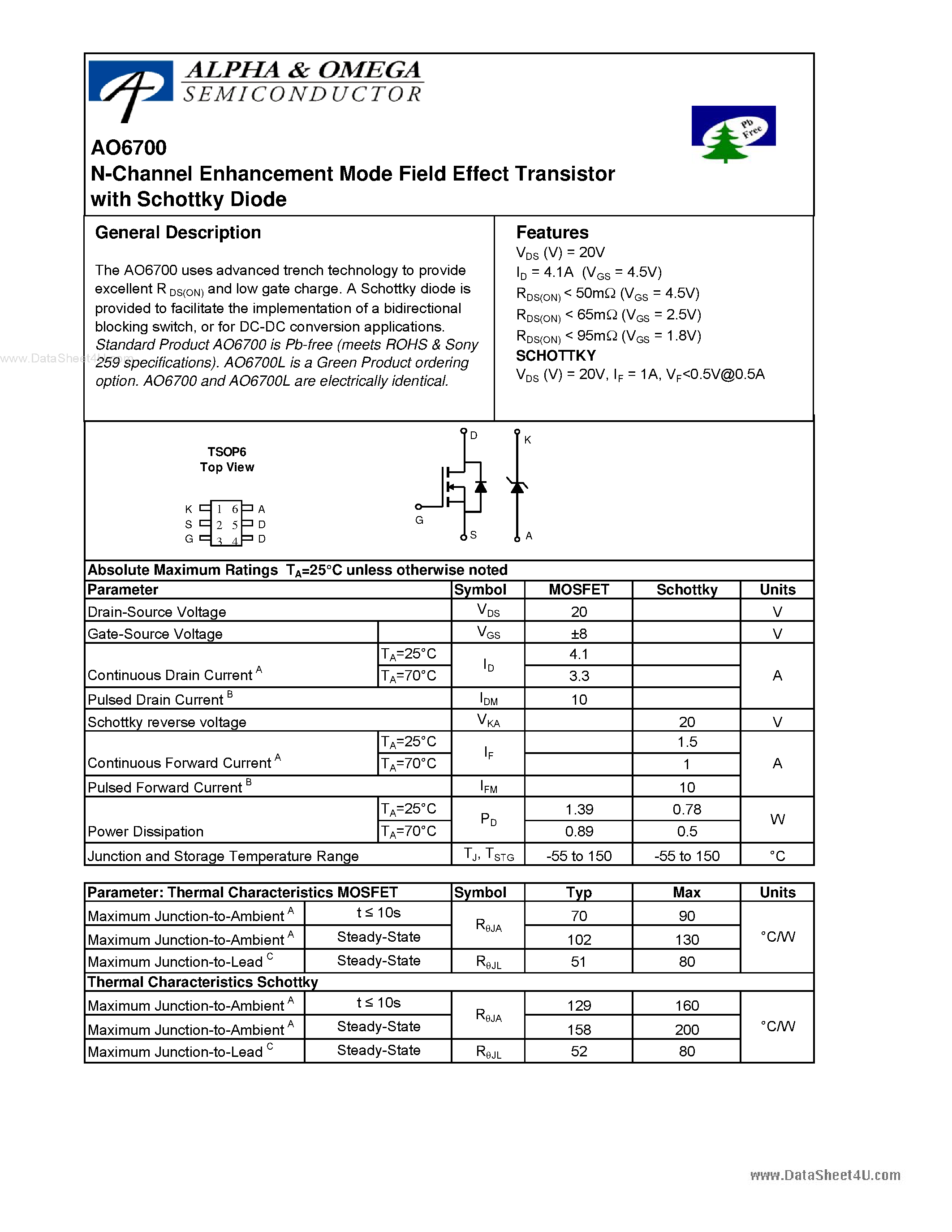 Datasheet AO6700 - N-Channel Enhancement Mode Field Effect Transistor page 1