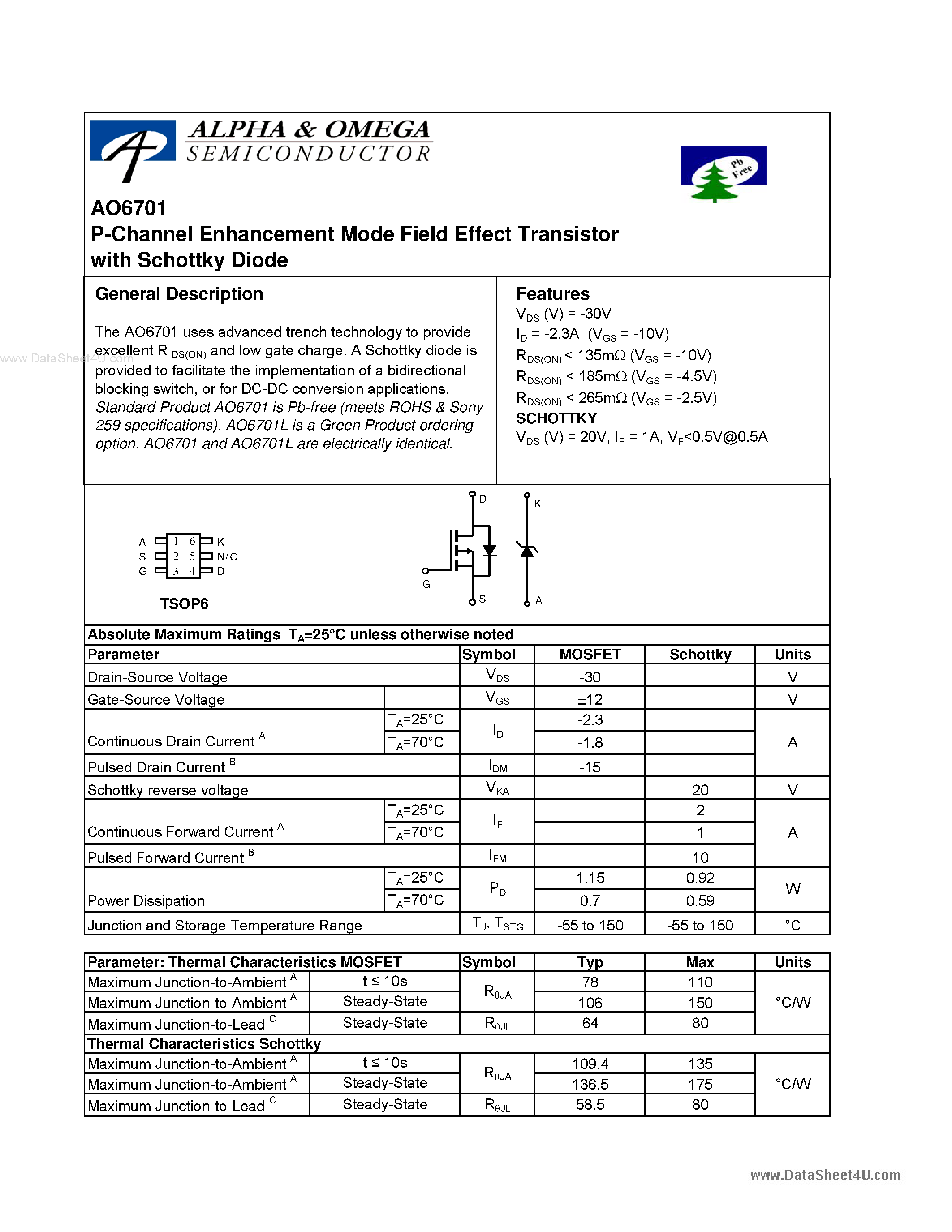 Datasheet AO6701 - P-Channel Enhancement Mode Field Effect Transistor page 1