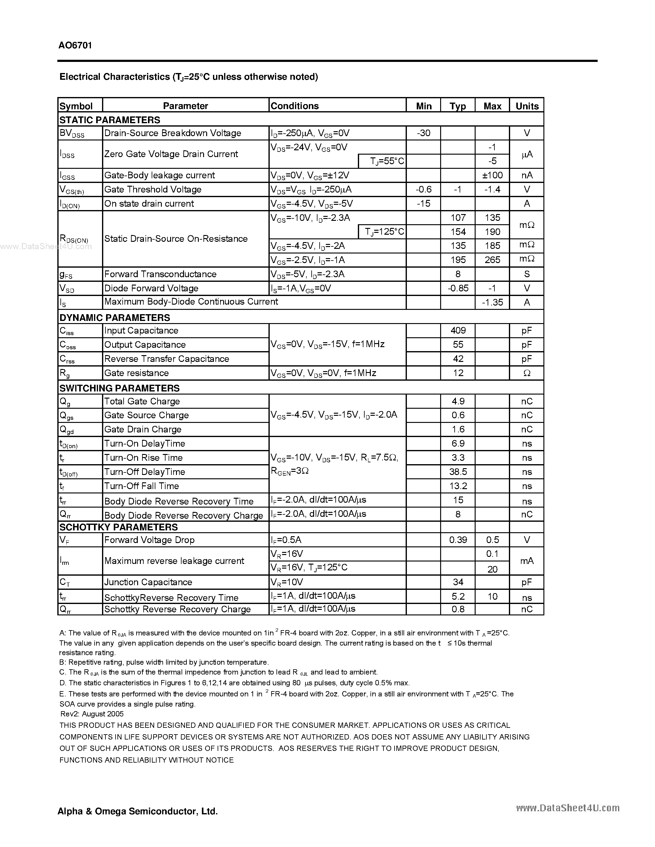 Datasheet AO6701 - P-Channel Enhancement Mode Field Effect Transistor page 2