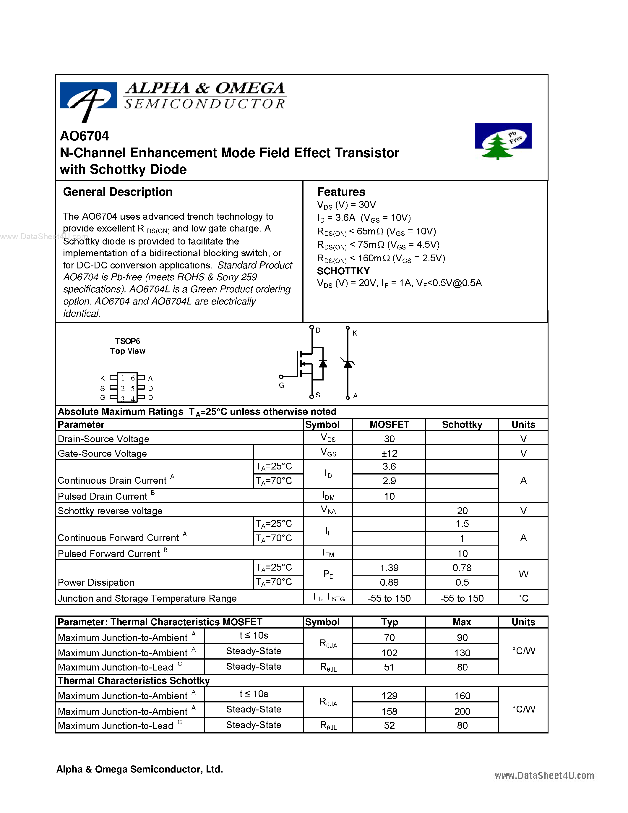 Datasheet AO6704 - N-Channel Enhancement Mode Field Effect Transistor page 1