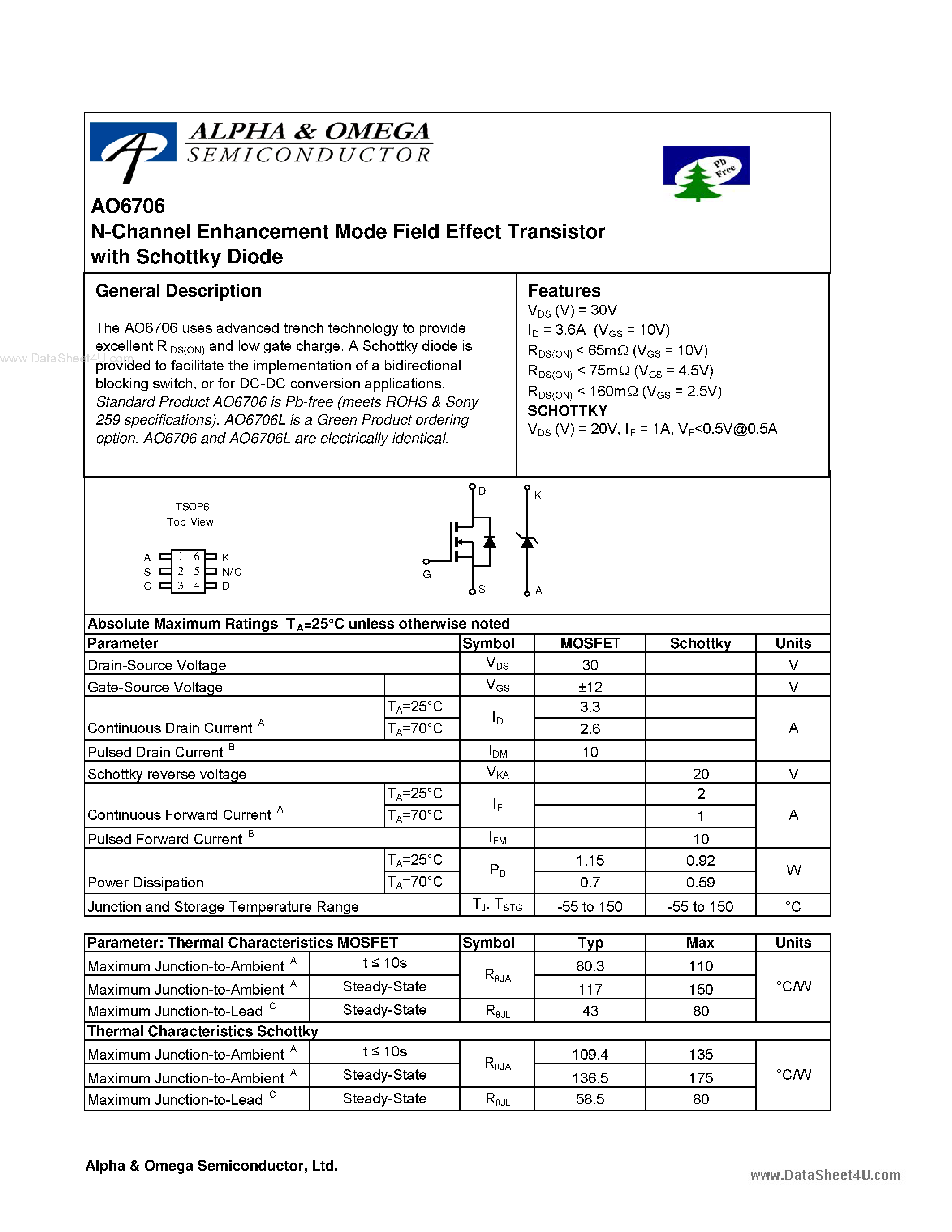 Datasheet AO6706 - N-Channel Enhancement Mode Field Effect Transistor page 1