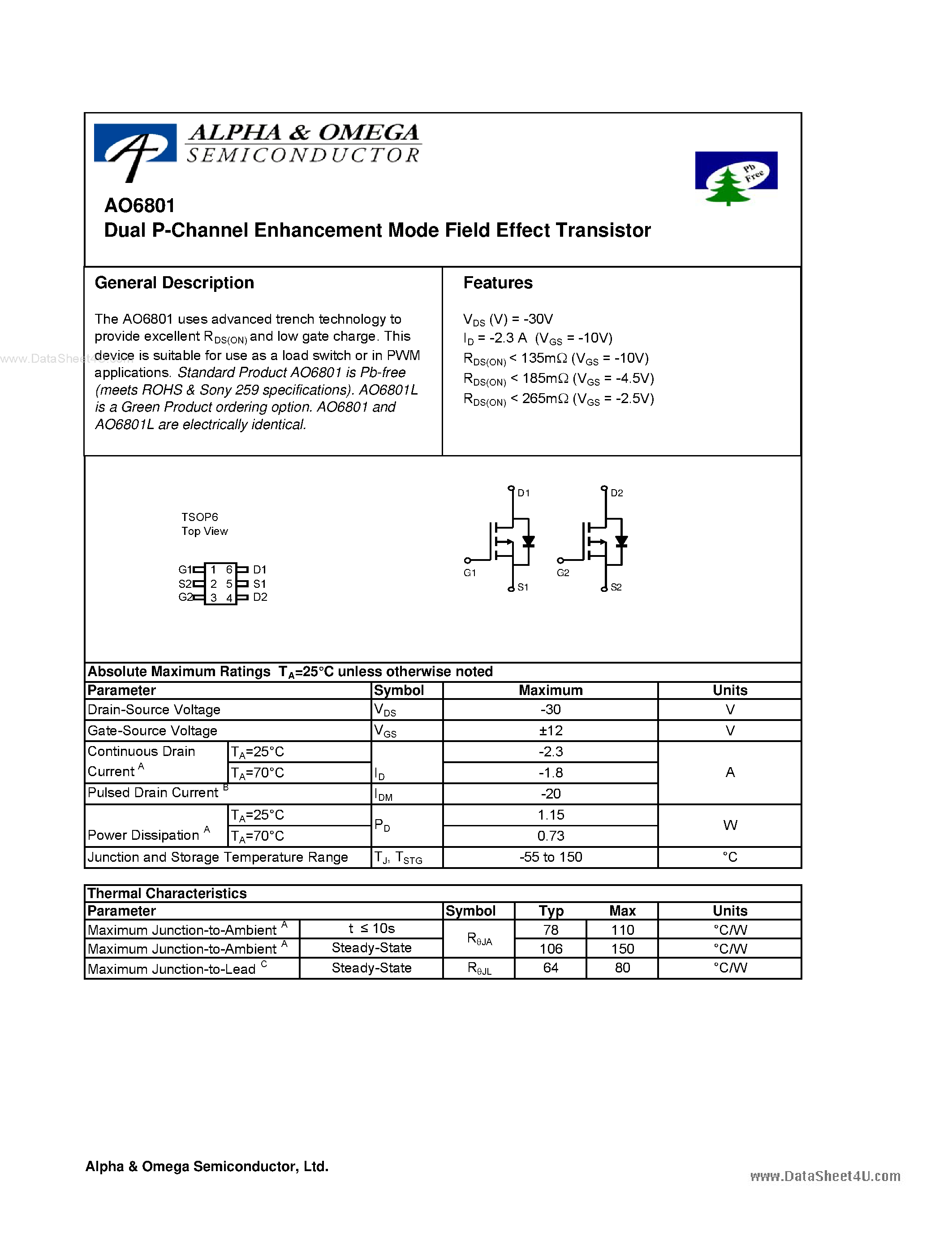 Datasheet AO6801 - Dual P-Channel Enhancement Mode Field Effect Transistor page 1
