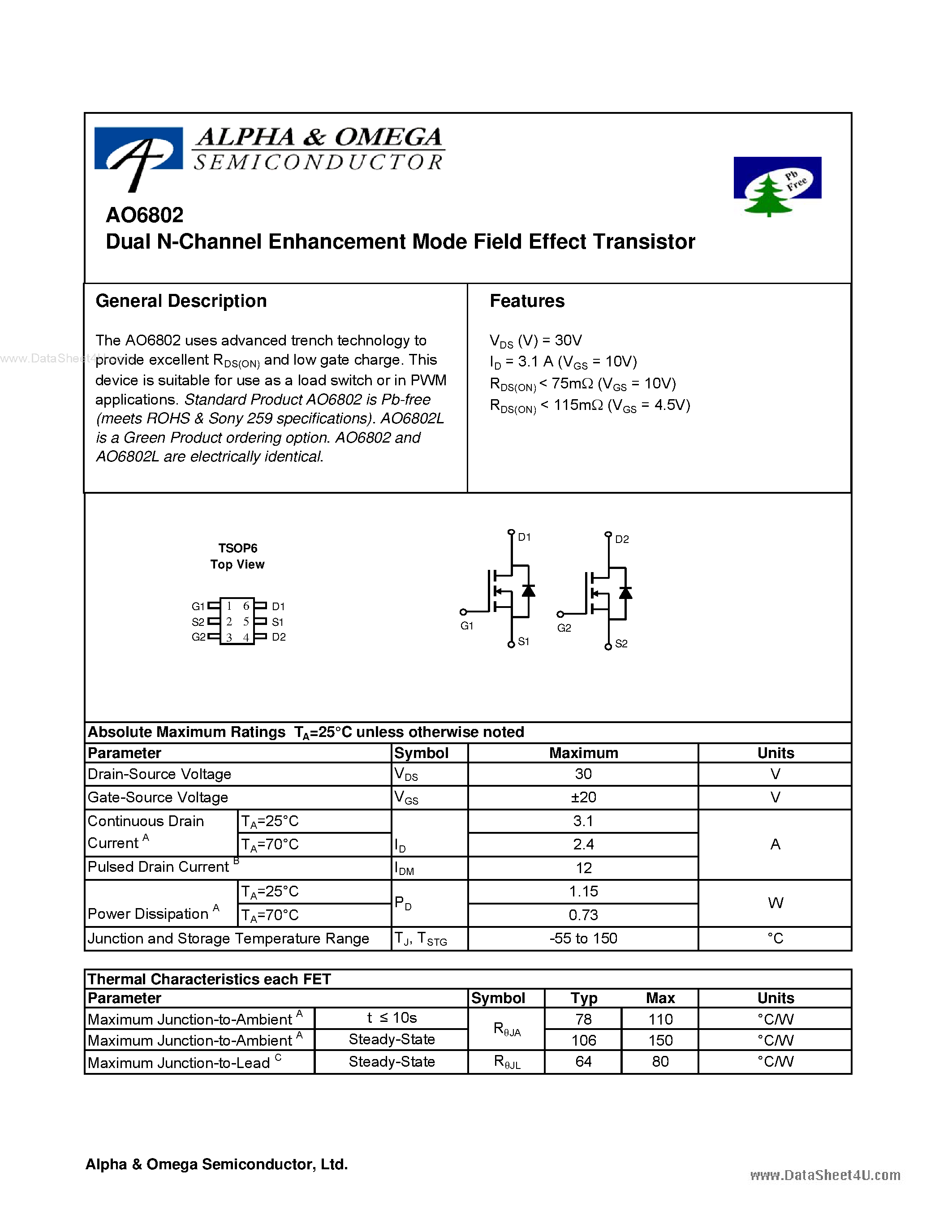 Datasheet AO6802 - Dual N-Channel Enhancement Mode Field Effect Transistor page 1
