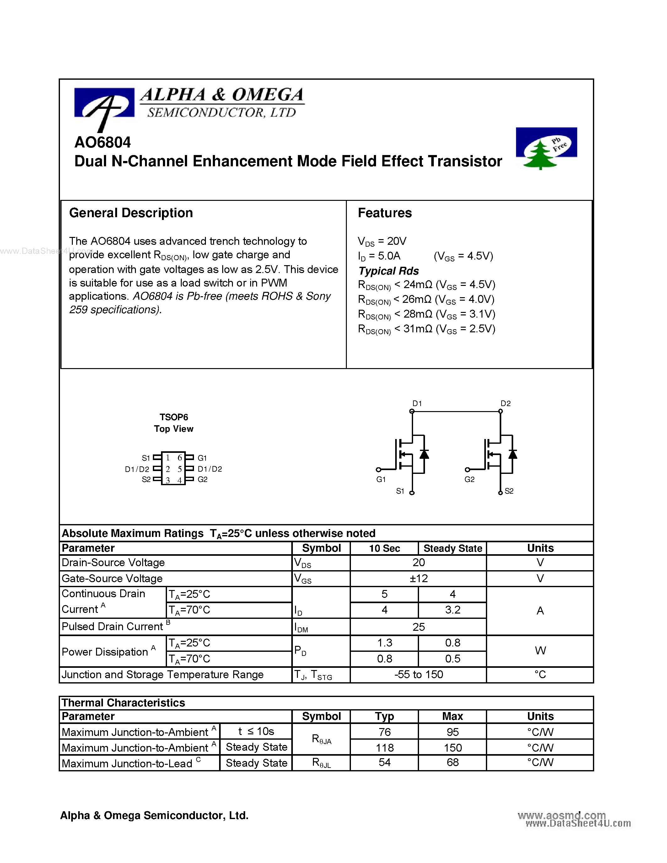 Datasheet AO6804 - Dual N-Channel Enhancement Mode Field Effect Transistor page 1