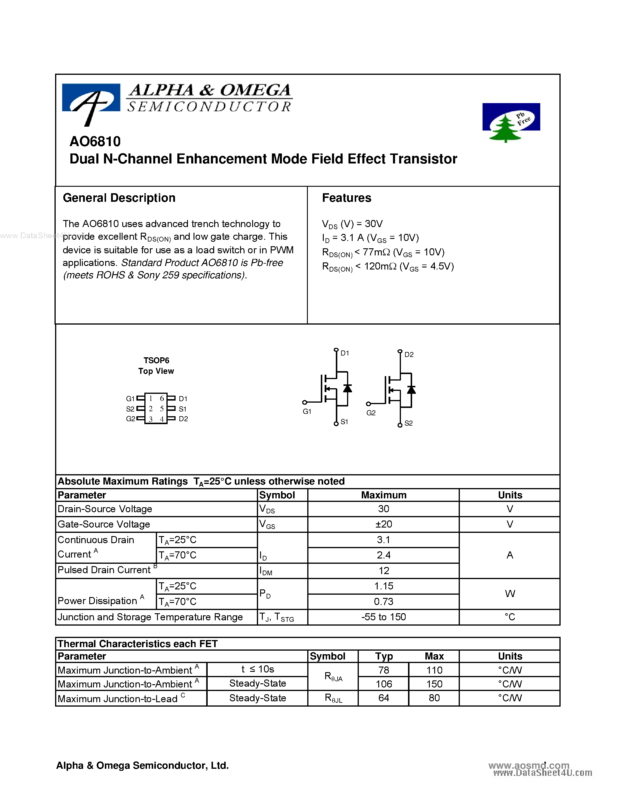 Datasheet AO6810 - Dual N-Channel Enhancement Mode Field Effect Transistor page 1