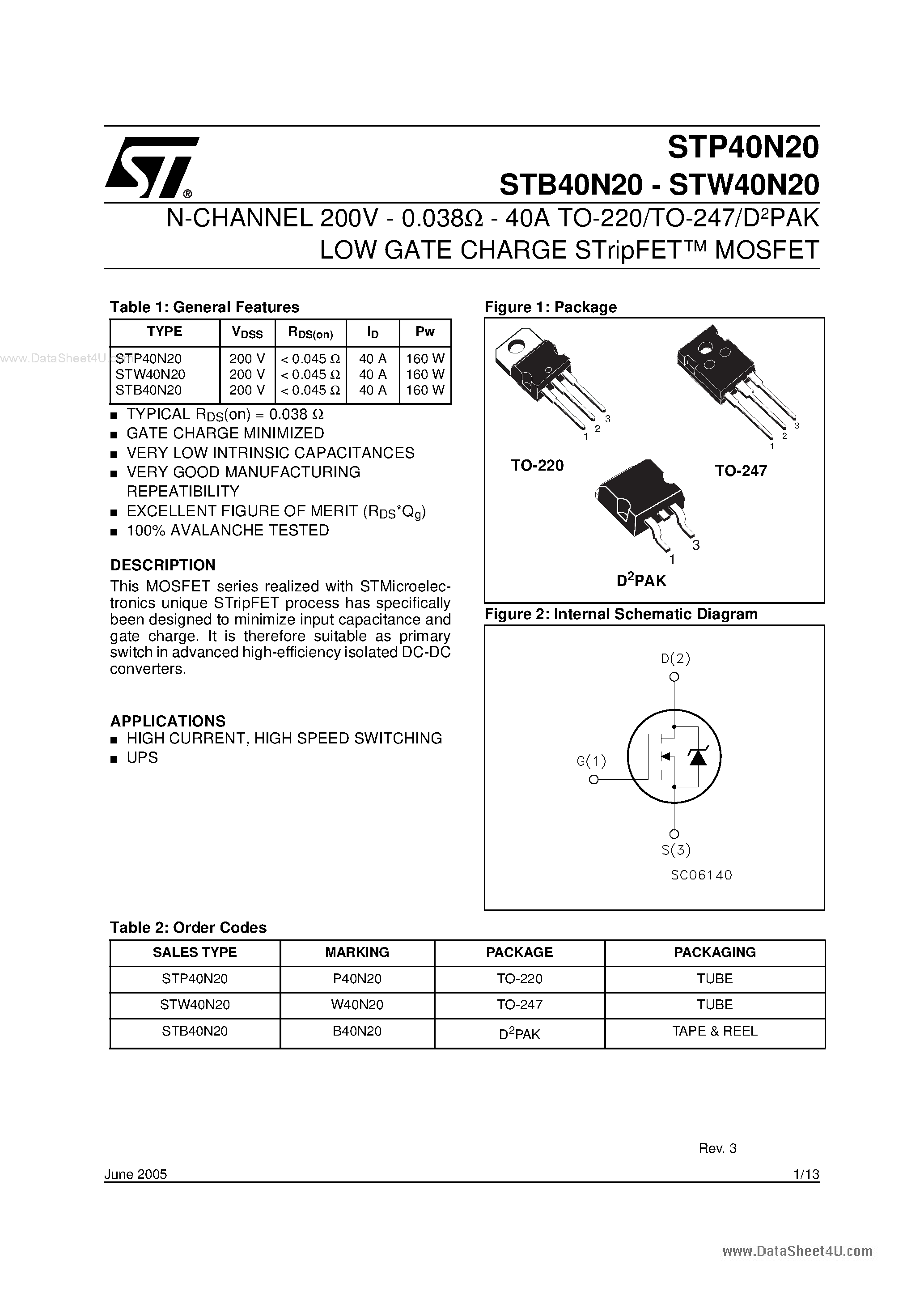 Datasheet STB40N20 - N-CHANNEL MOSFET page 1