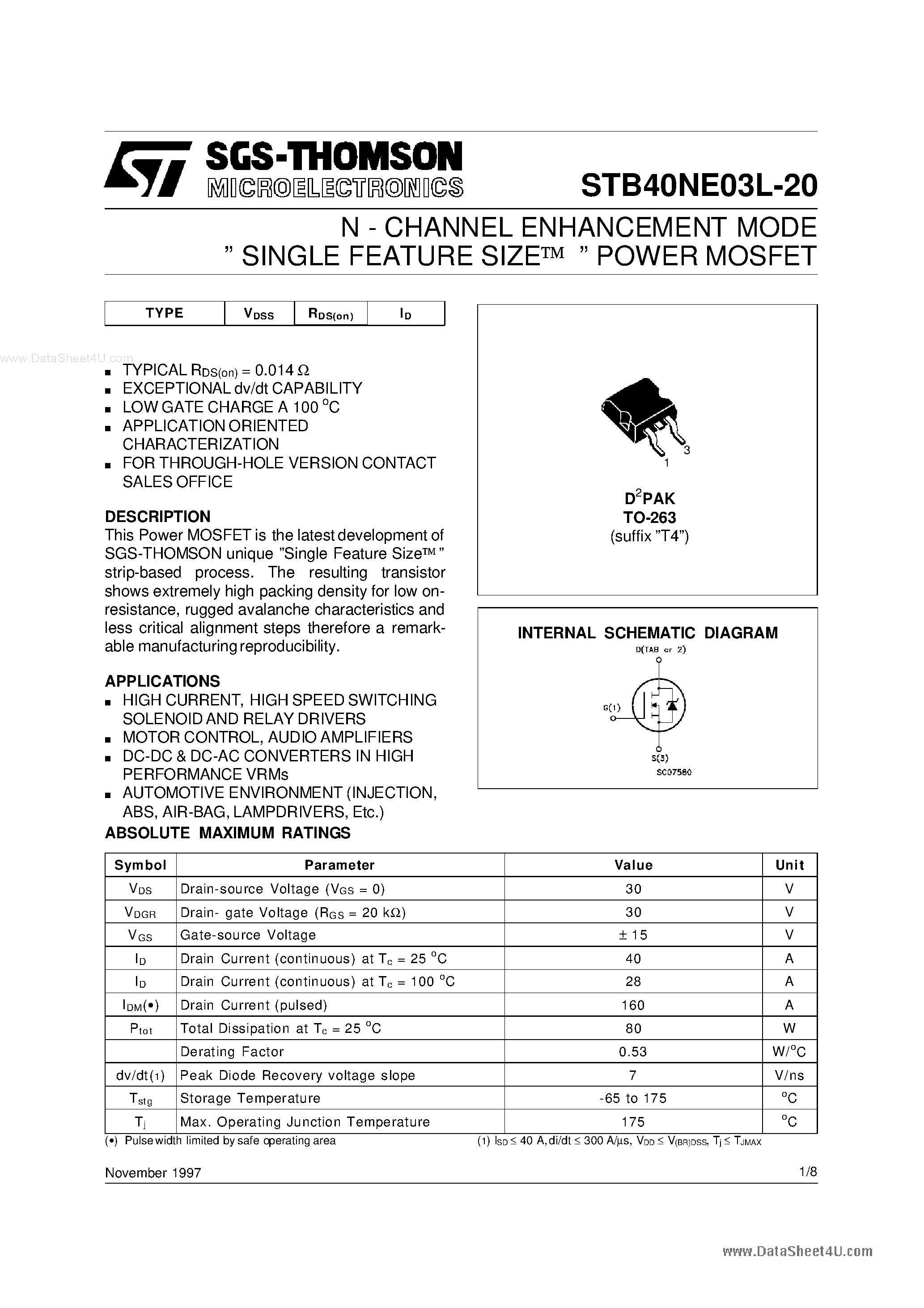 Datasheet STB40NE03L-20 - N-CHANNEL POWER MOSFET page 1