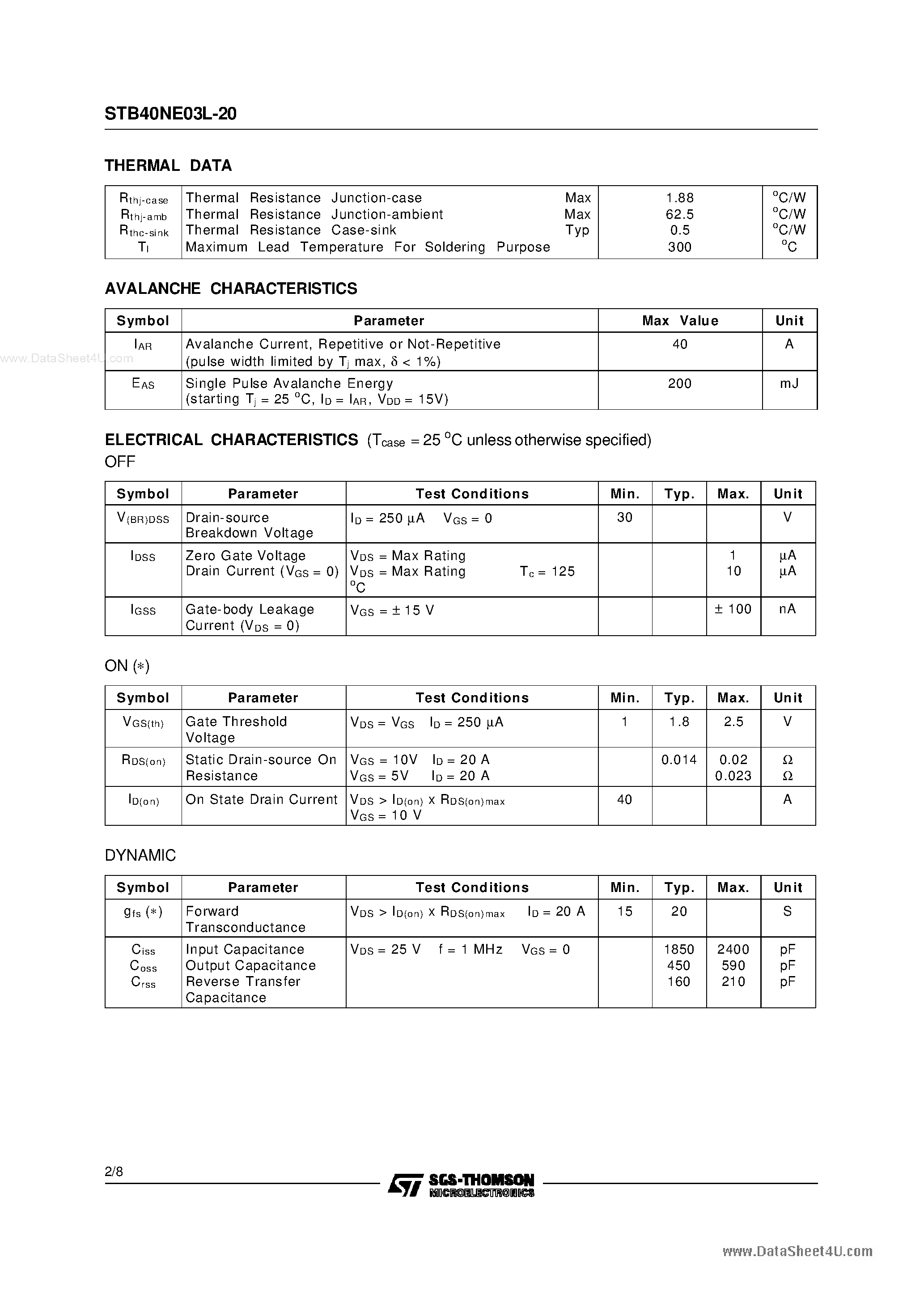 Datasheet STB40NE03L-20 - N-CHANNEL POWER MOSFET page 2