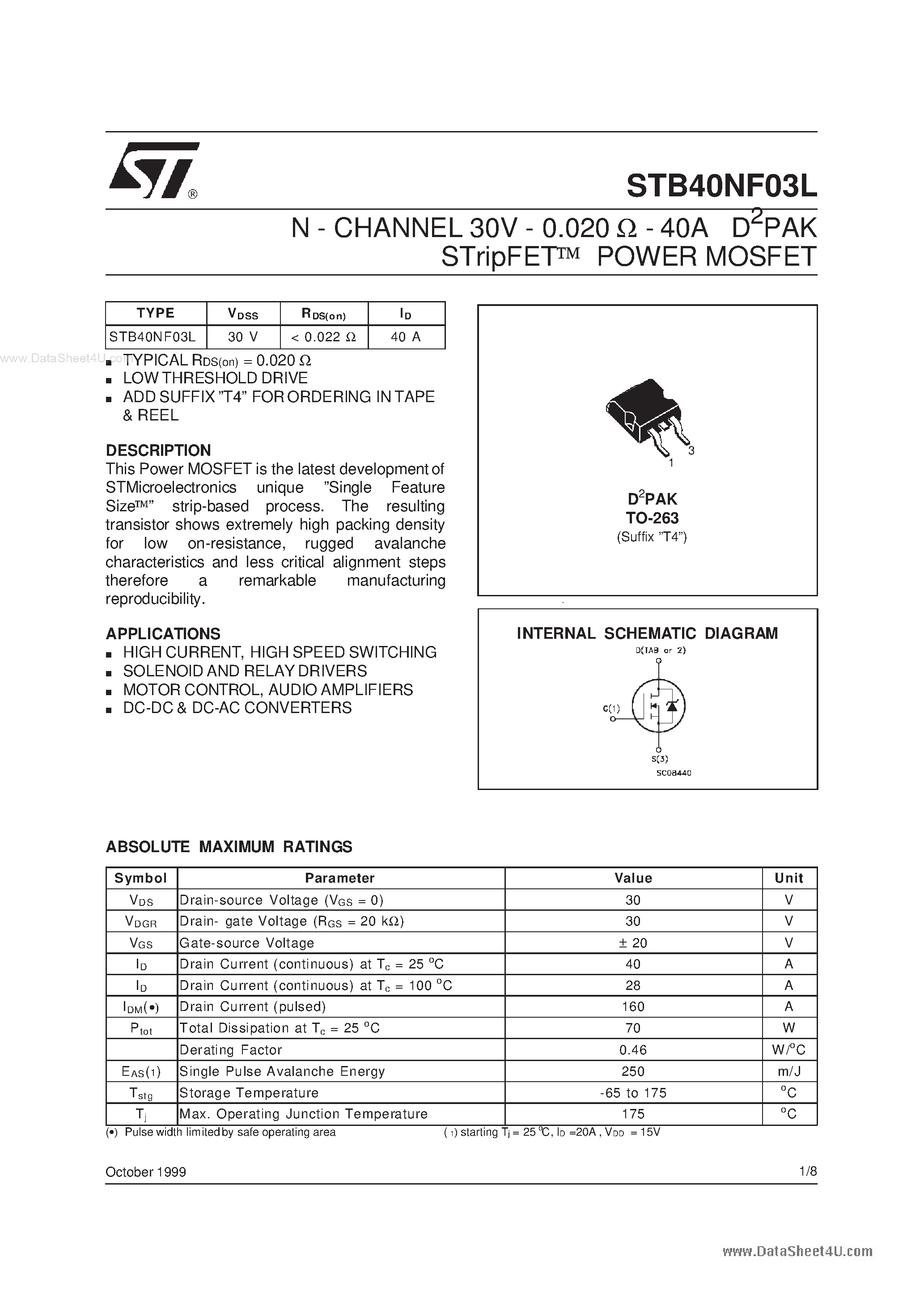 Datasheet STB40NF03L - N-CHANNEL POWER MOSFET page 1