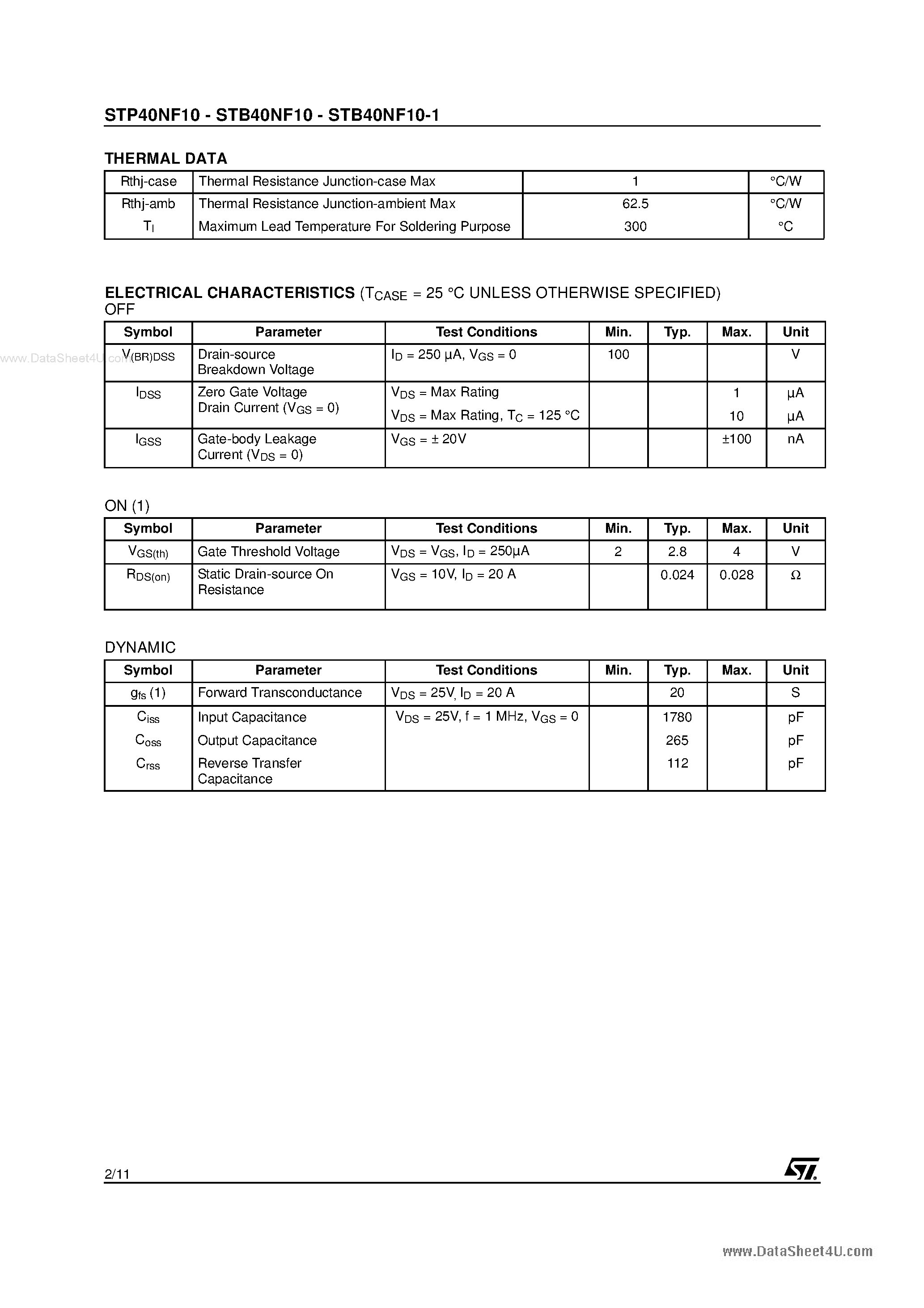 Datasheet STP40NF10 - N-channel Power MOSFET page 2
