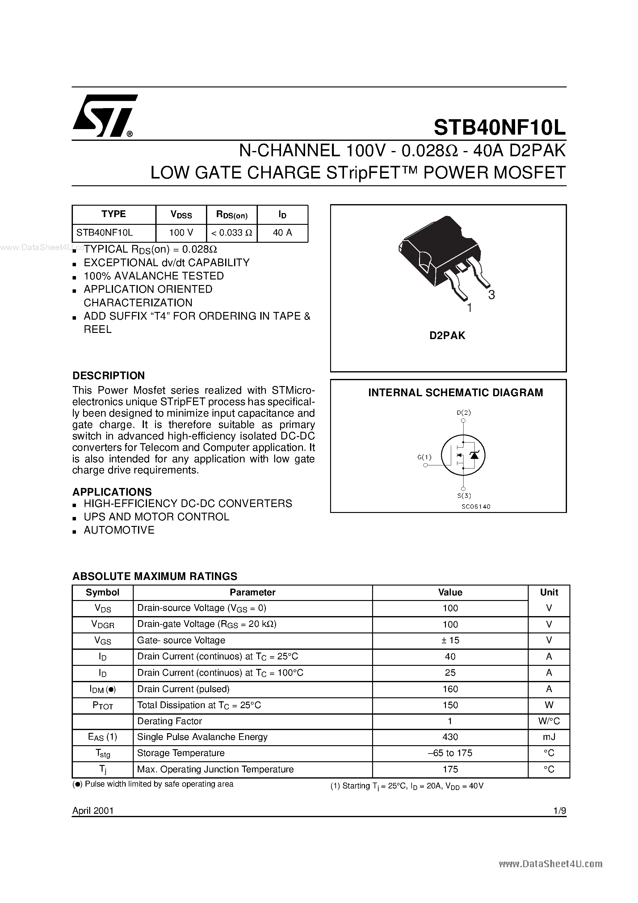 Datasheet STB40NF10L - N-CHANNEL POWER MOSFET page 1