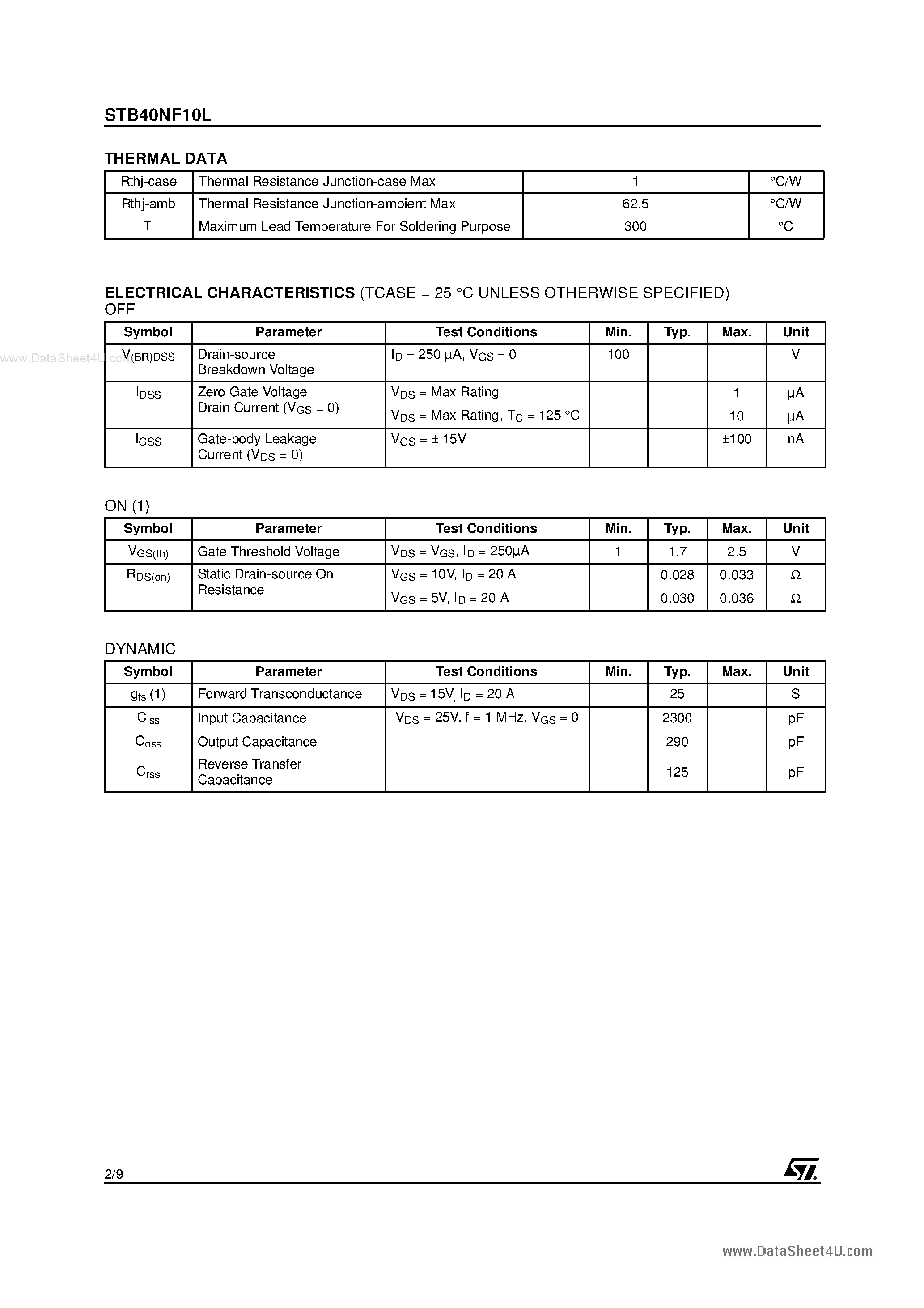 Datasheet STB40NF10L - N-CHANNEL POWER MOSFET page 2
