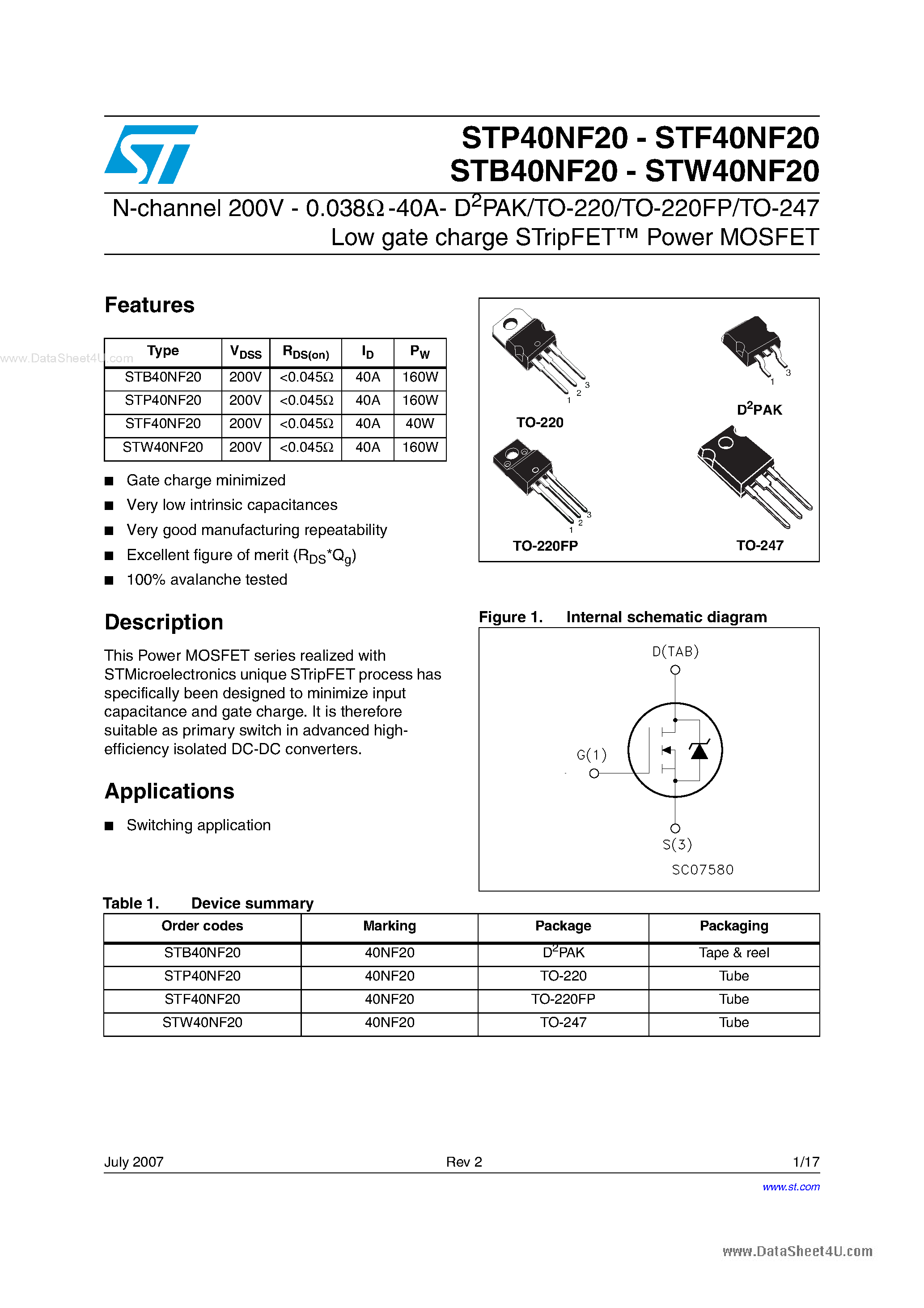 Datasheet STB40NF20 - N-channel Power MOSFET page 1