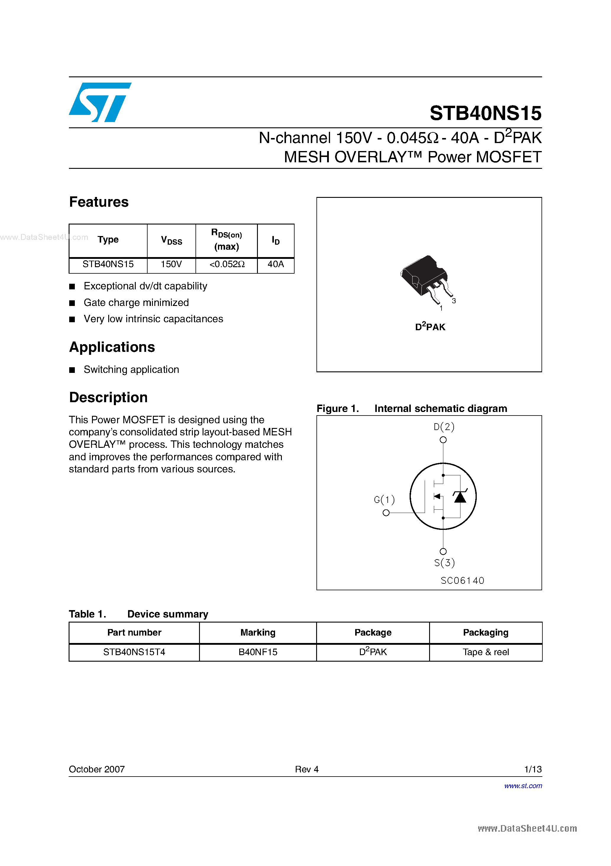 Datasheet STB40NS15 - N-CHANNEL MOSFET page 1