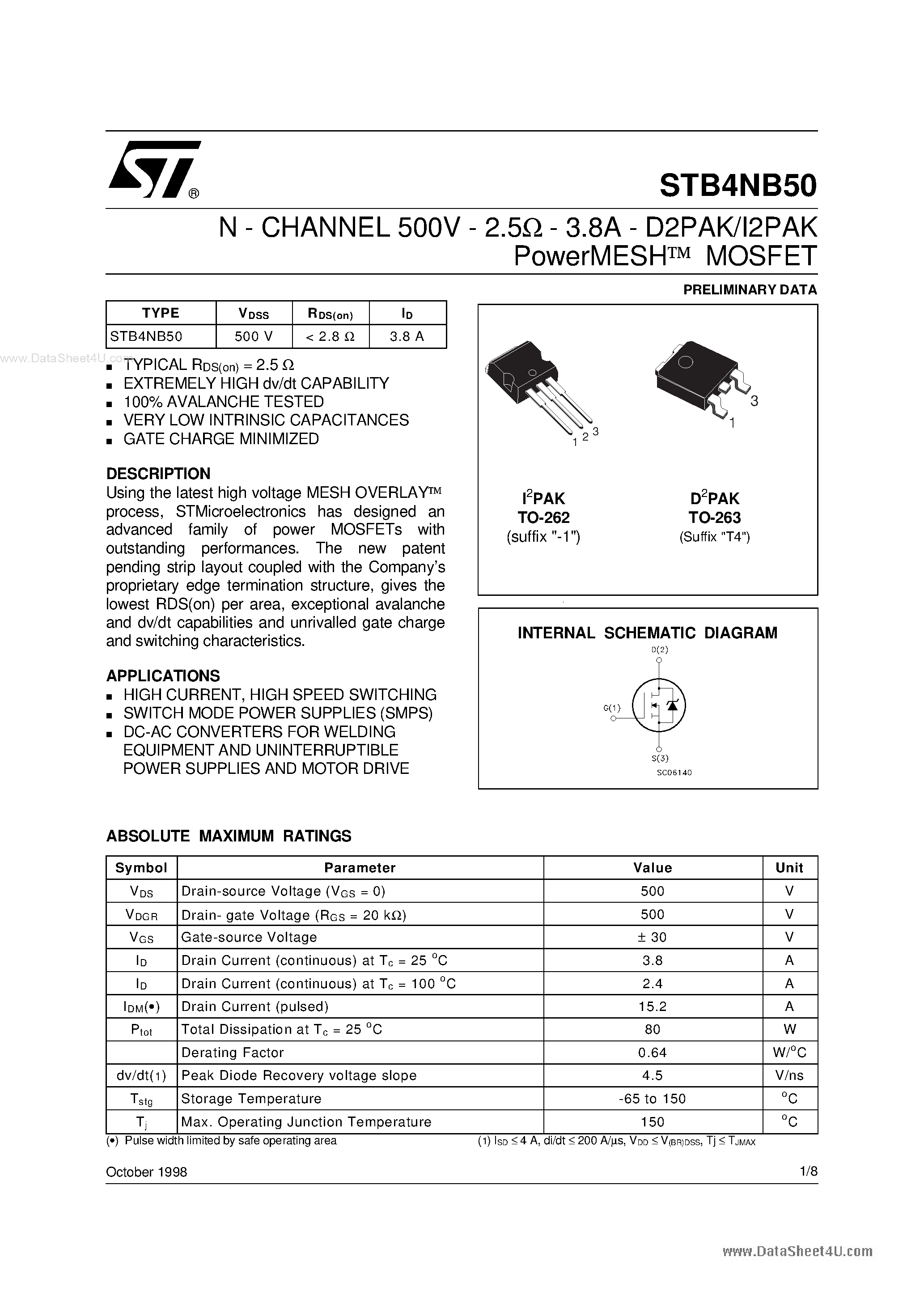 Datasheet STB4NB50 - N-CHANNEL MOSFET page 1