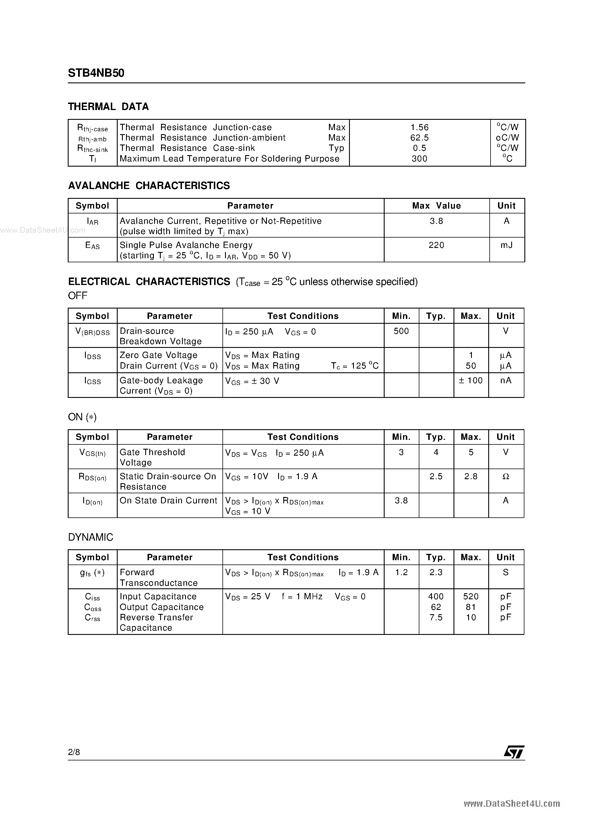 Datasheet STB4NB50 - N-CHANNEL MOSFET page 2