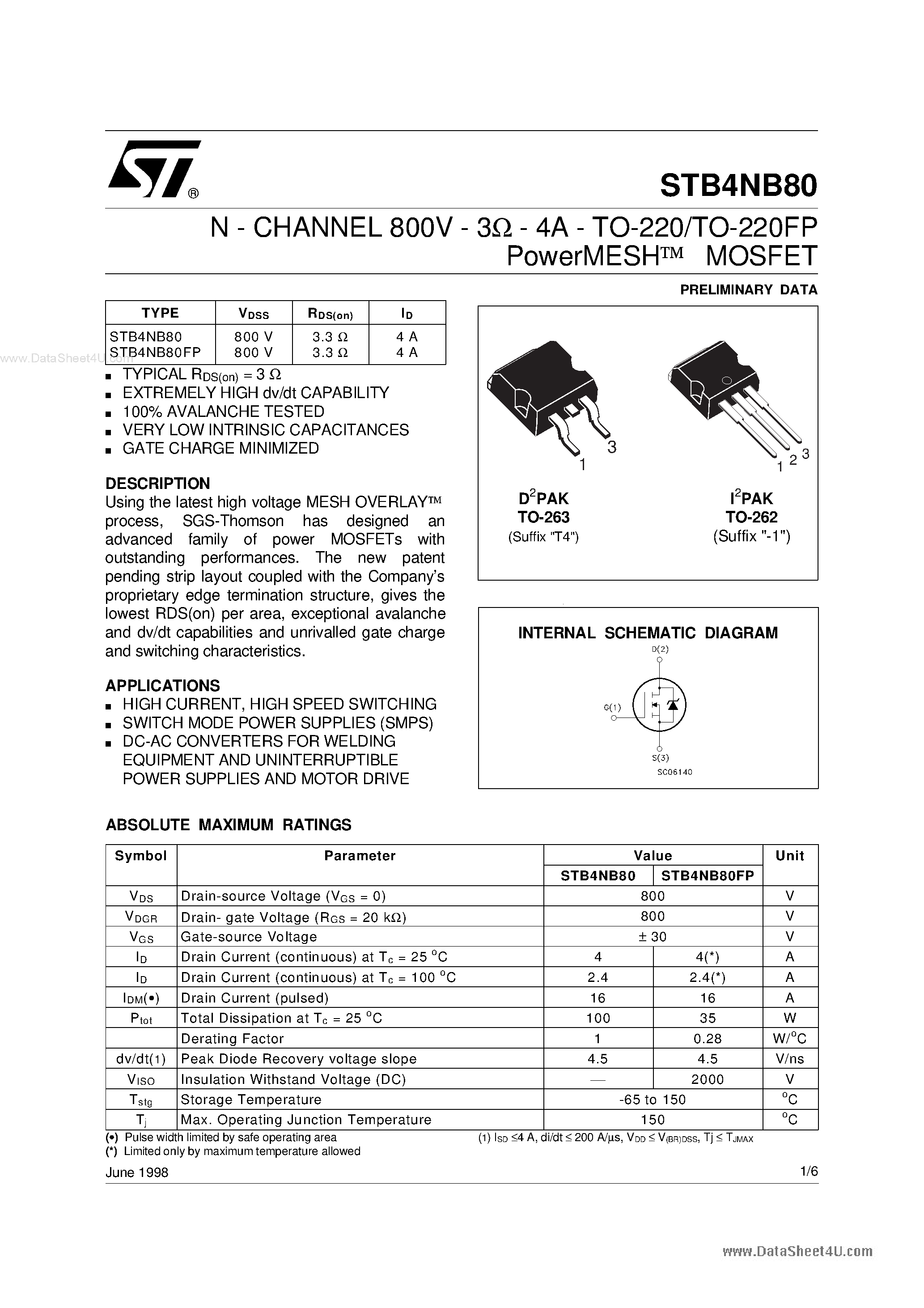 Datasheet STB4NB80 - N-CHANNEL MOSFET page 1