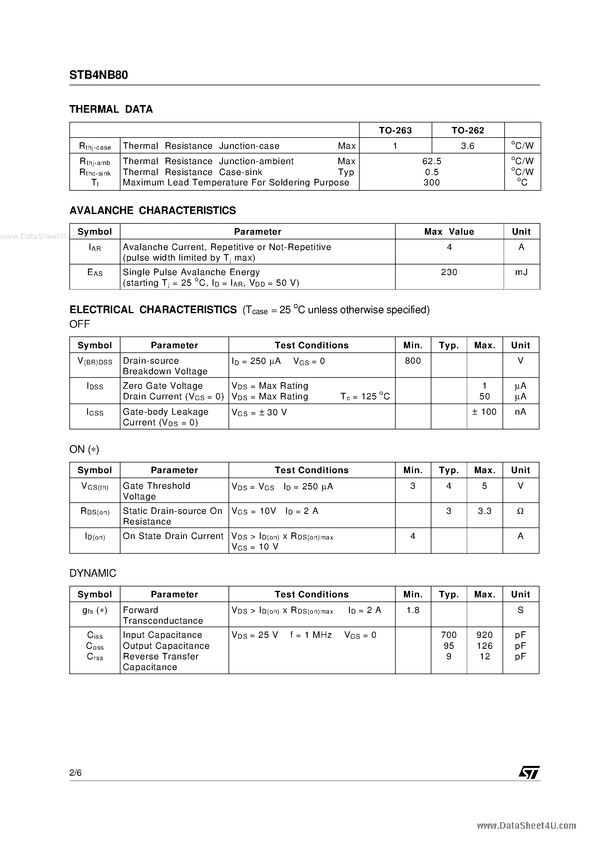 Datasheet STB4NB80 - N-CHANNEL MOSFET page 2